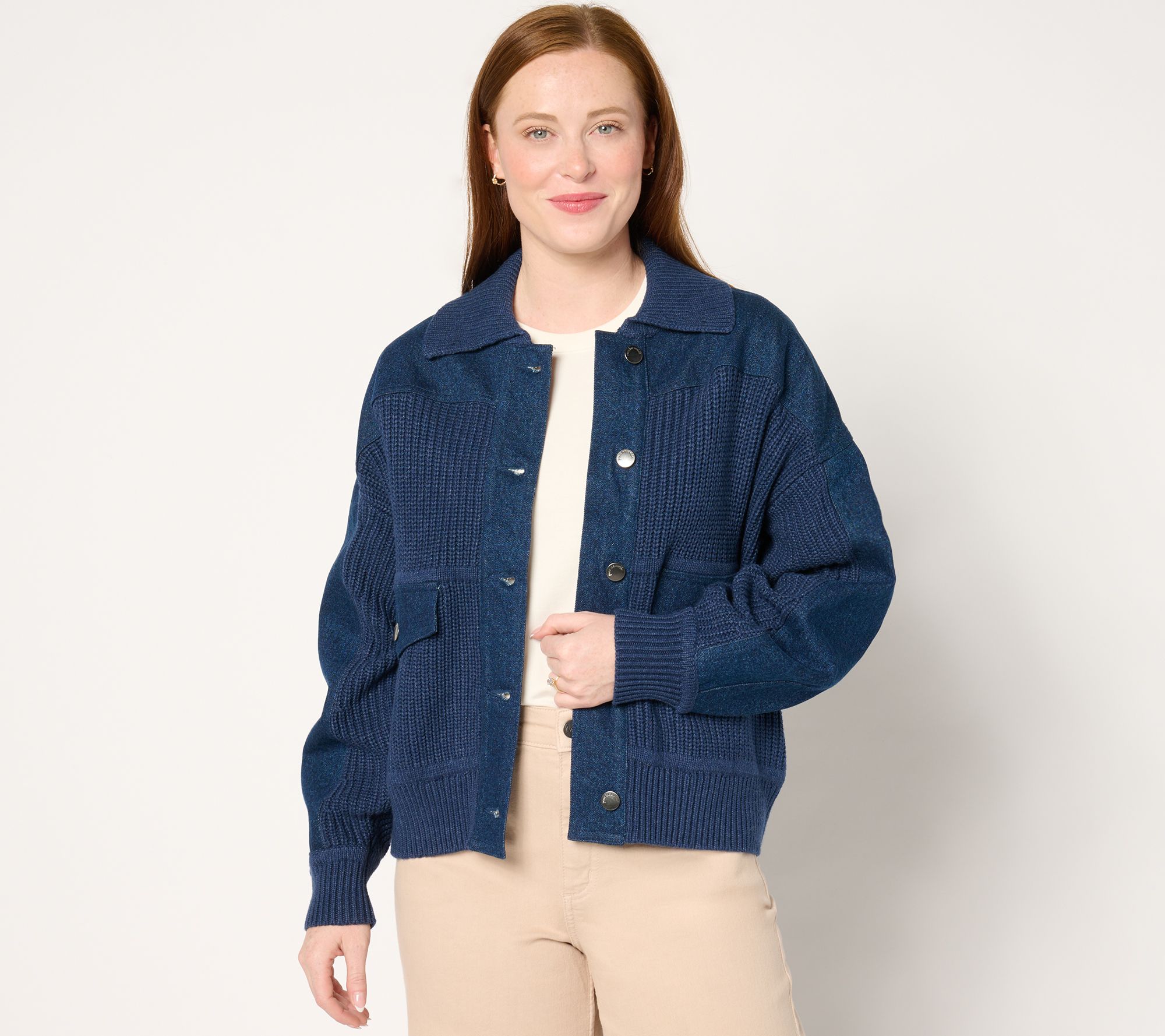 "As Is" Peace Love World Cardigan Sweater with Denim Details
