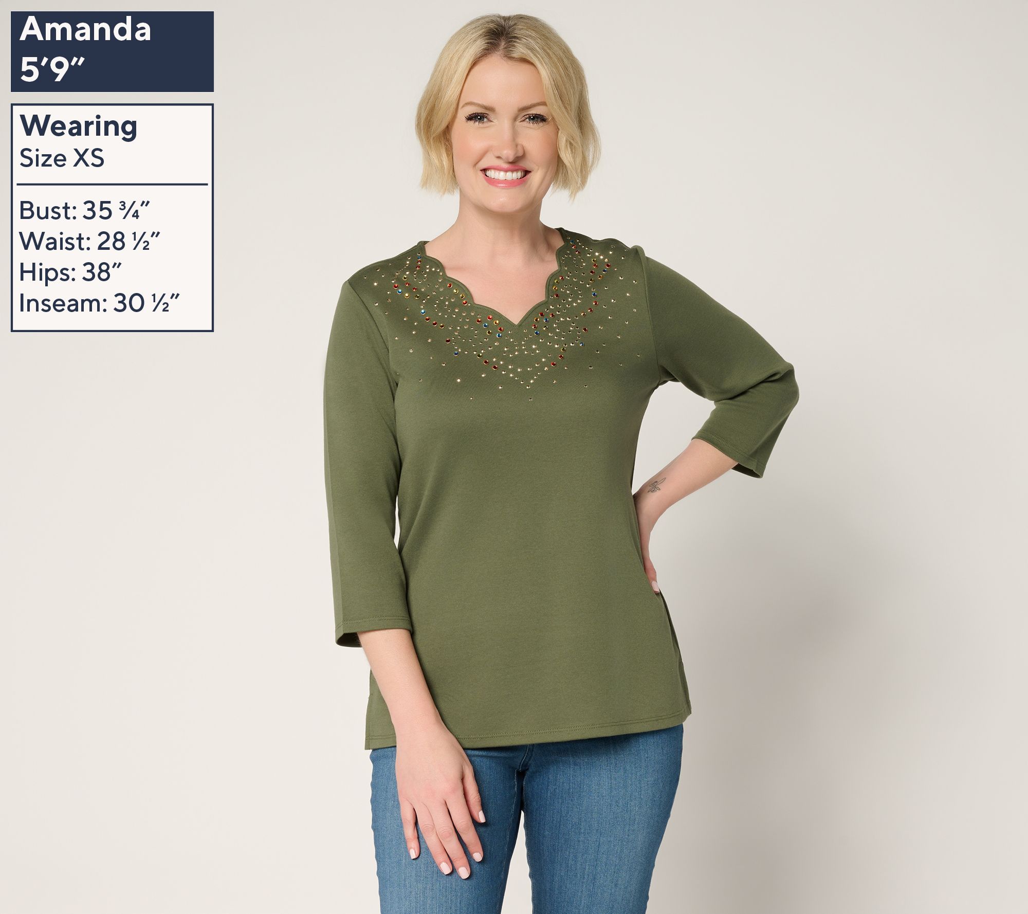 G♥ Quacker Factory Swirling Leaves Scalloped 3/4 Sleeve Top