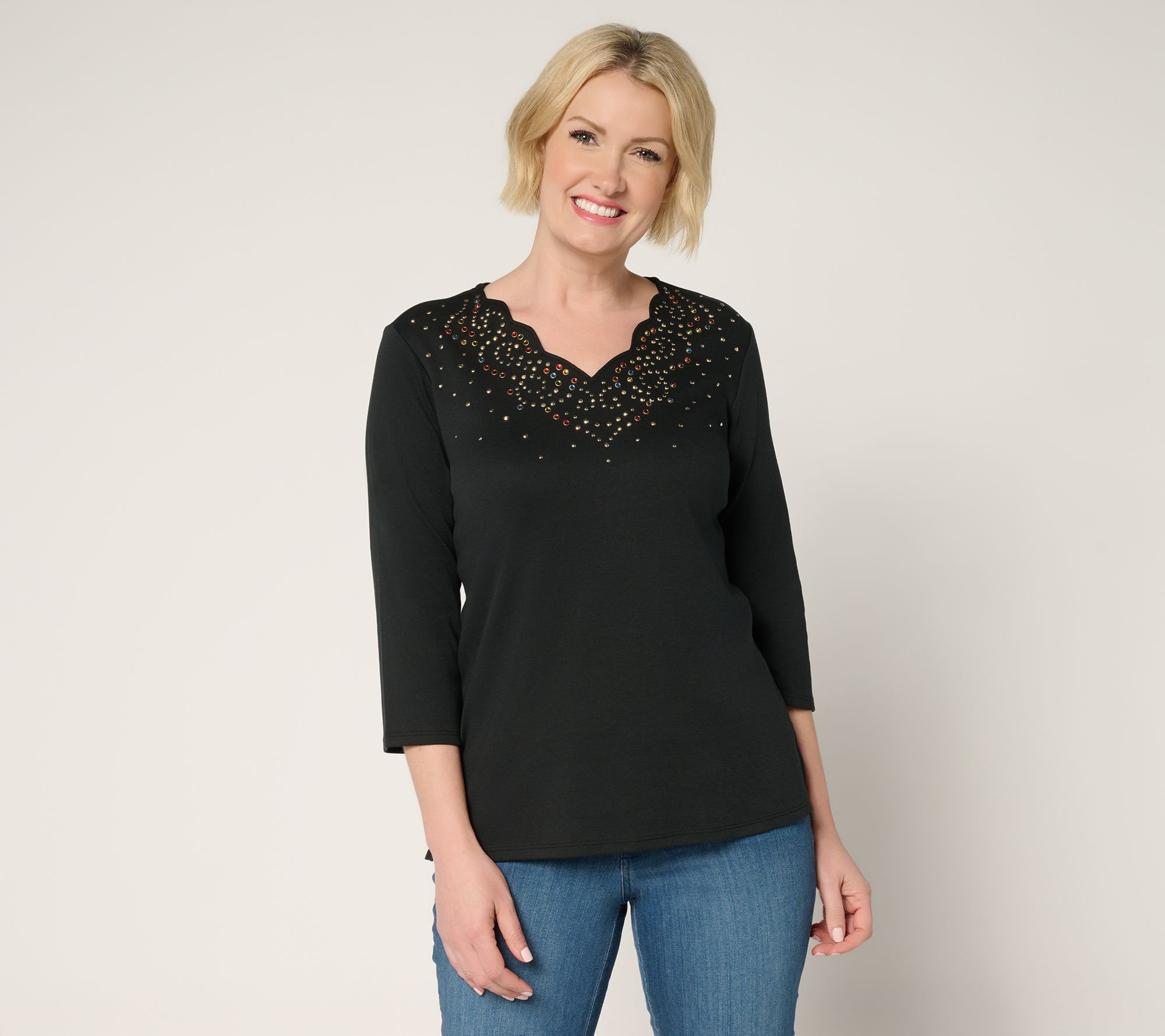 Quacker Factory Swirling Leaves Scalloped 3/4 Sleeve Top