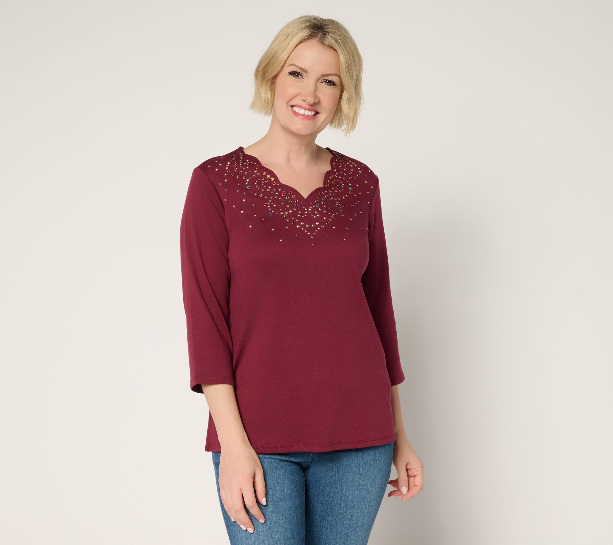 Quacker Factory Swirling Leaves Scalloped 3/4 Sleeve Top