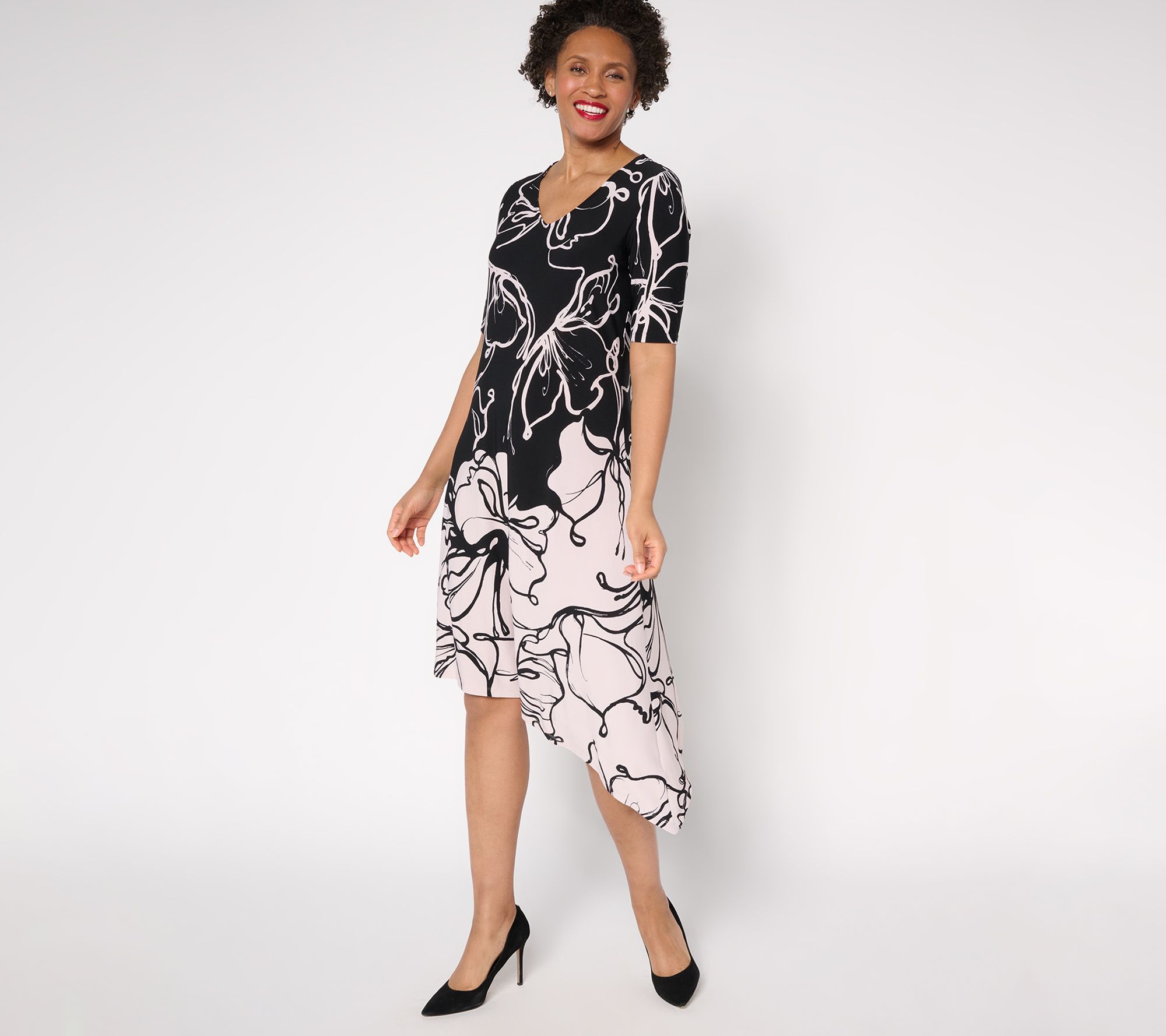 "As Is" Dennis Basso Petite Printed Cavaiar Crepe Dress w/ Asymmetric