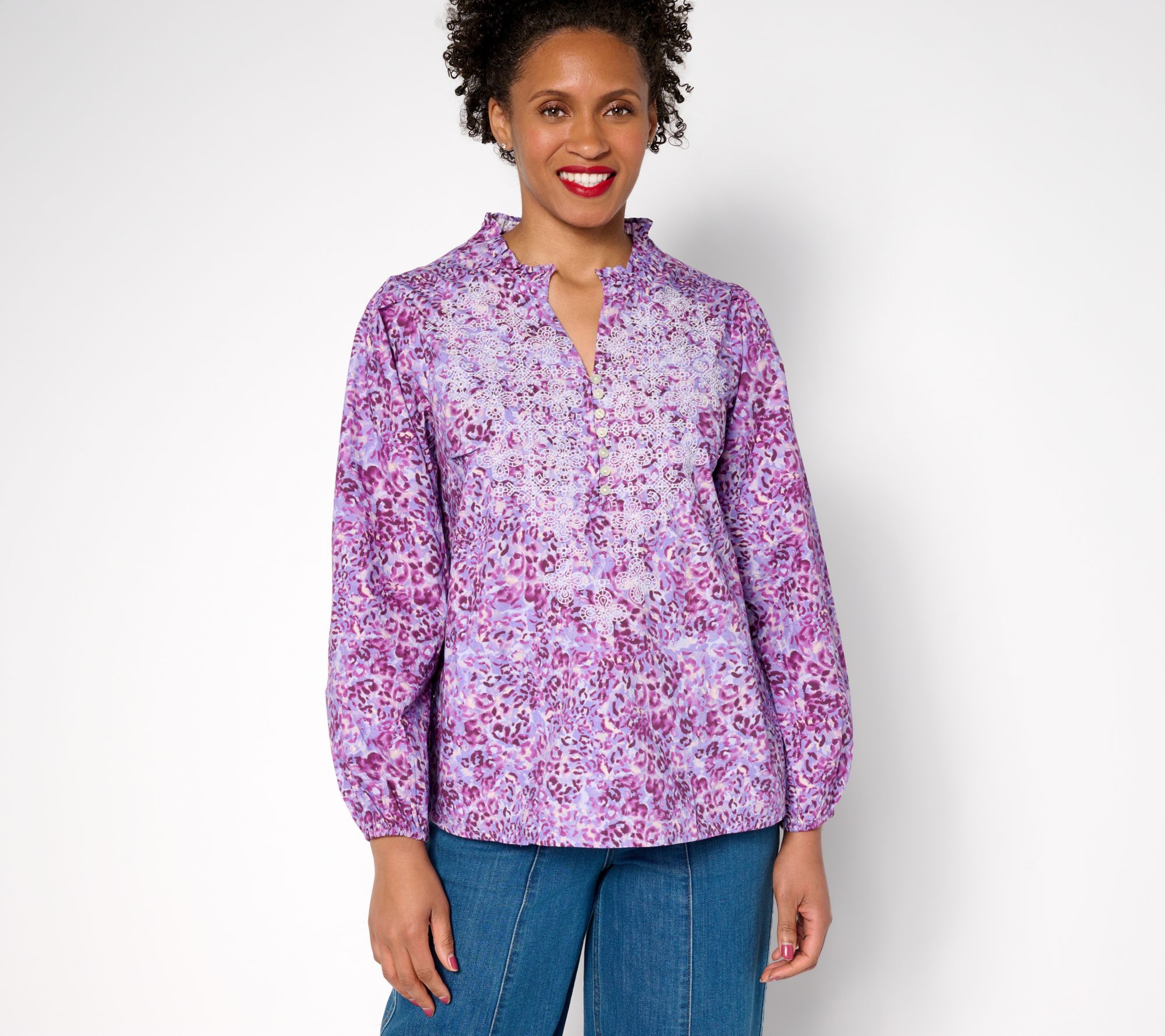 "As Is" LOGO Lavish by Lori Goldstein Animal Print Cotton Blouse