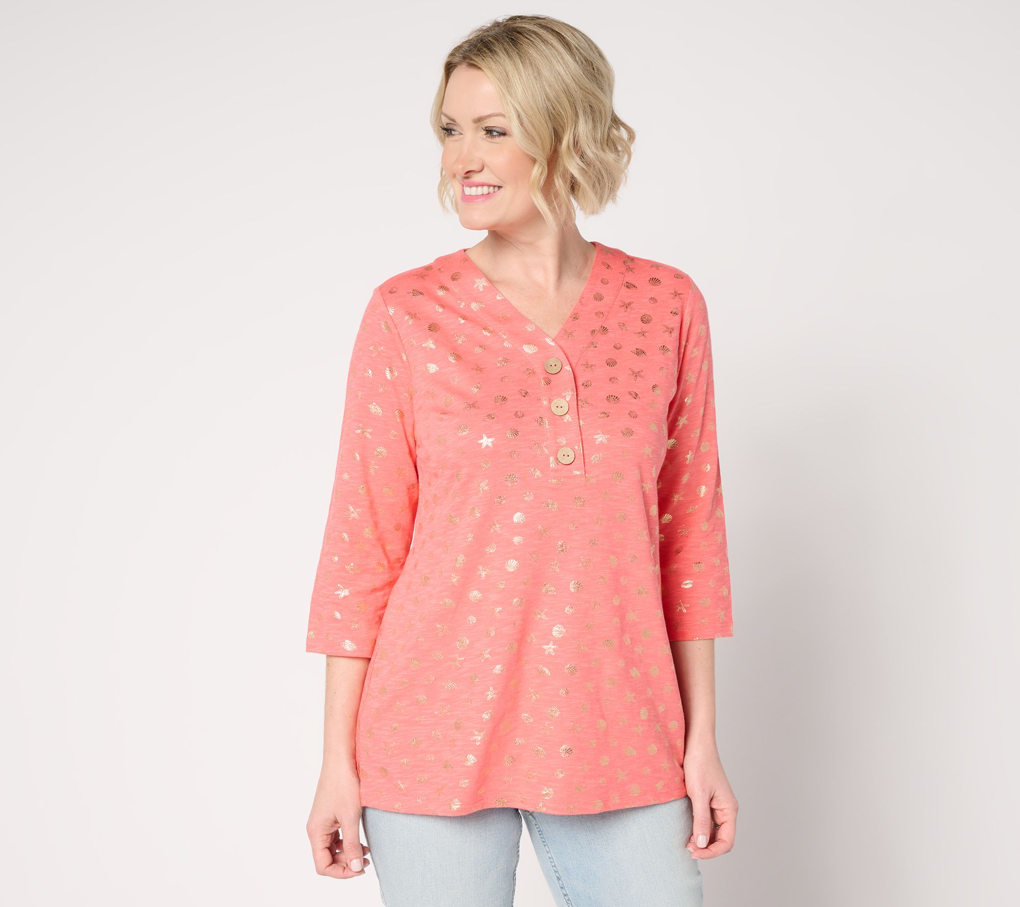 "As Is" Denim & Co. Beach Pet Linen Blend V-Neck Tunic