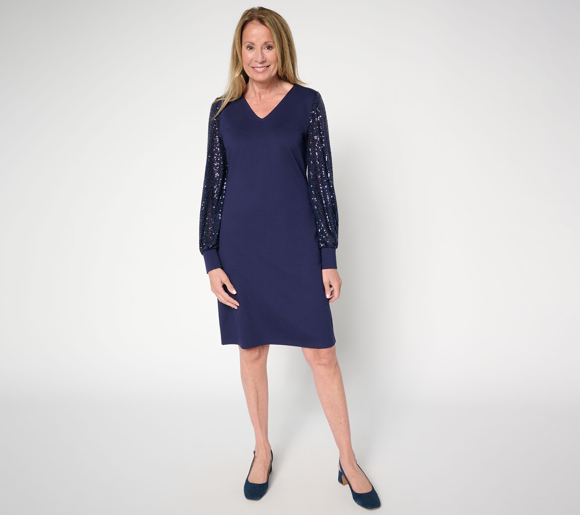 Jingle Belles by Kim Gravel Petite Ponte Dress with Sequin Sleeves