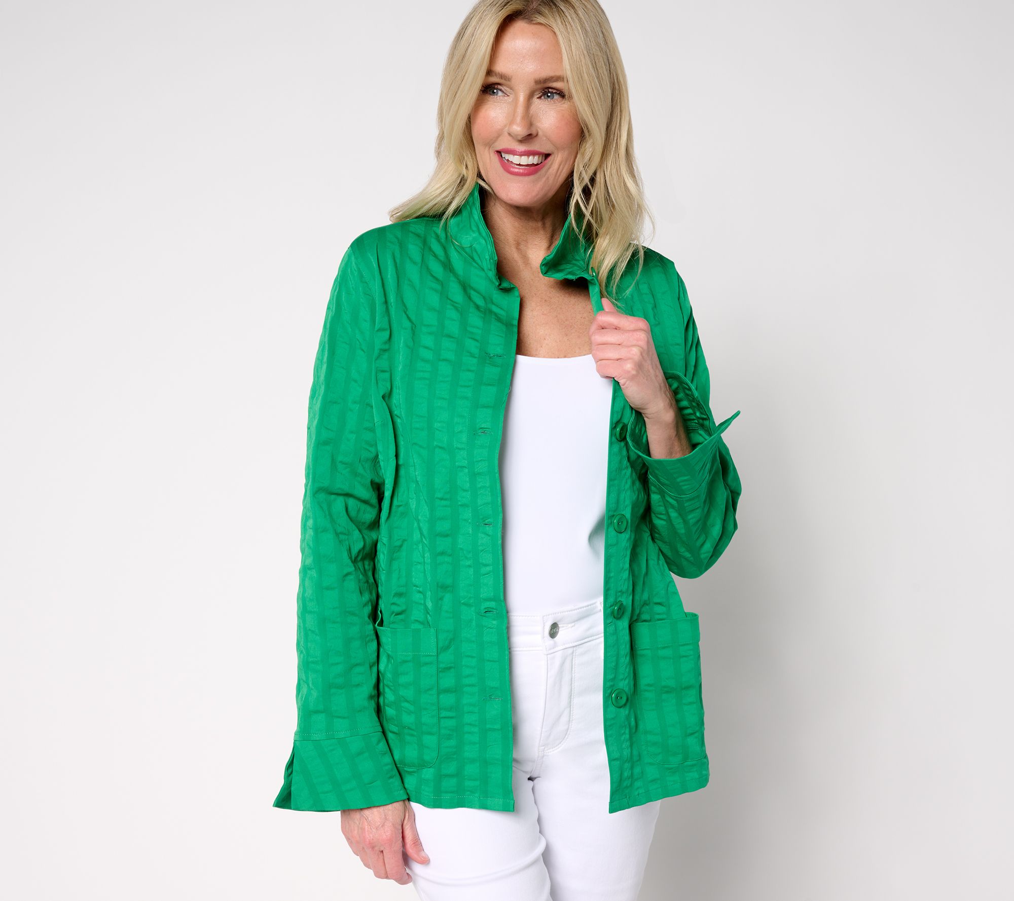 "As Is" Joan Rivers Stretch Woven Textured Stripe Button Front Topper