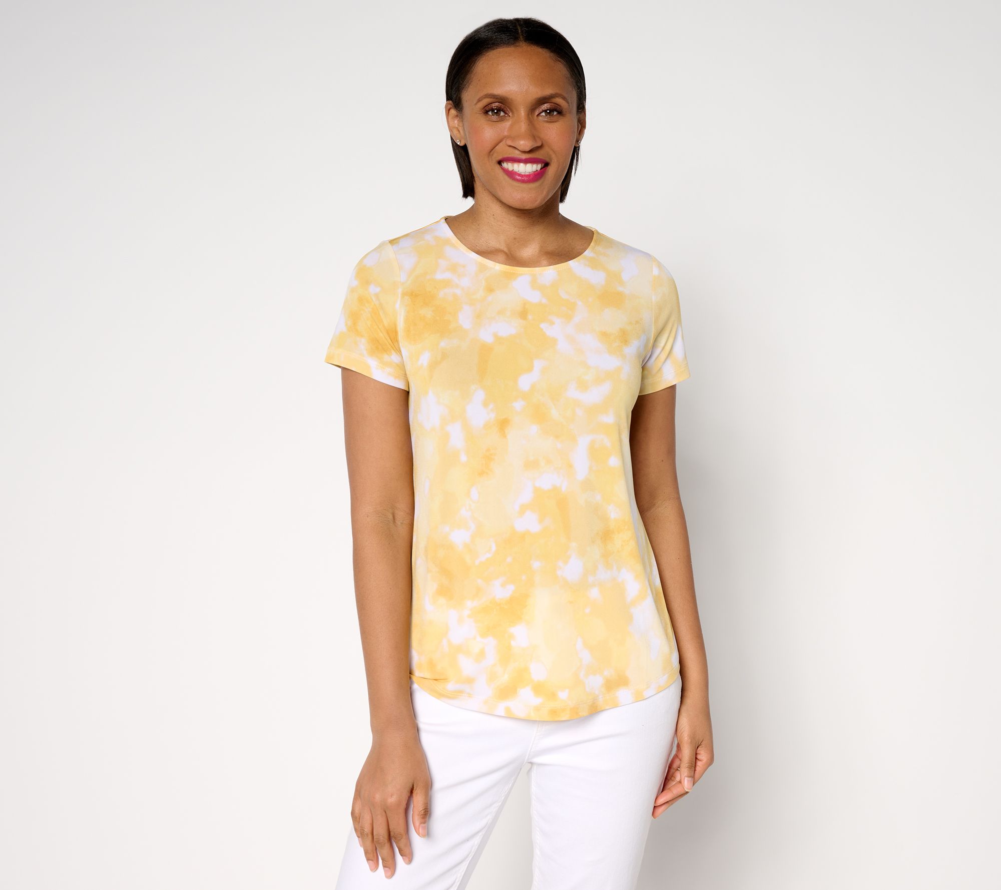 "As Is" Susan Graver Printed Liquid Knit Cap Sleeve Crew Neck Top