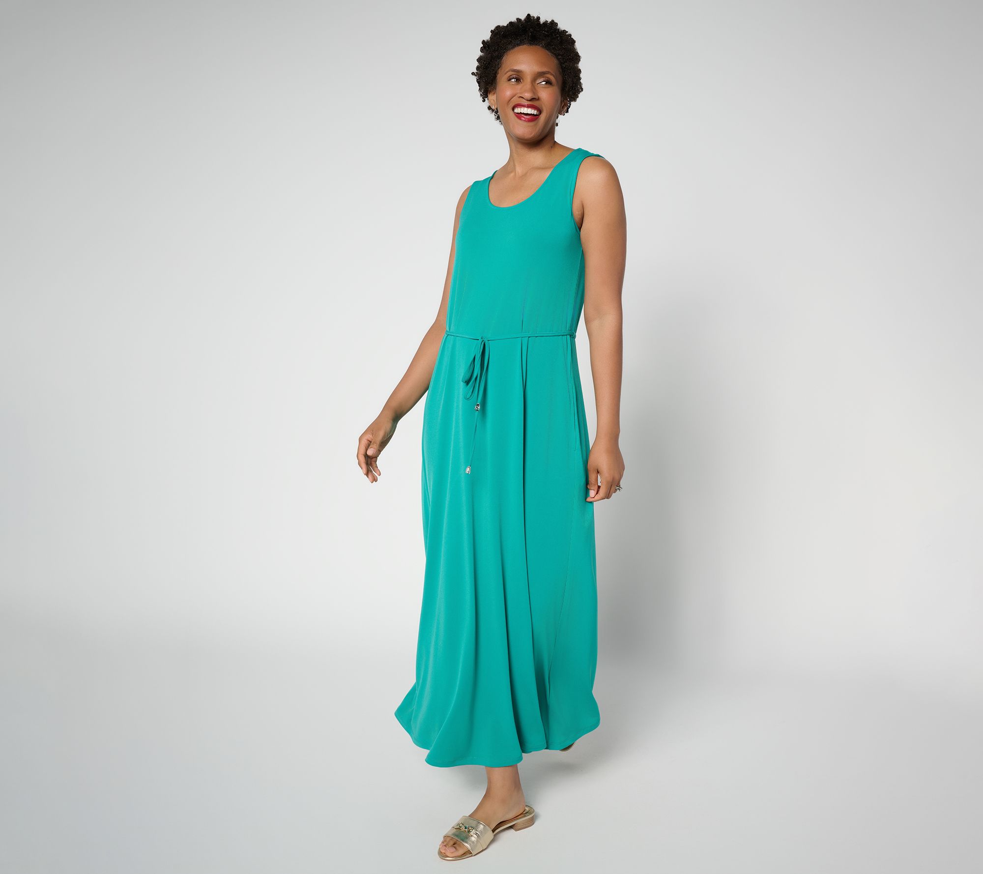 "As Is" Susan Graver Petite Liquid Knit Belted Scoop Neck Maxi Dress