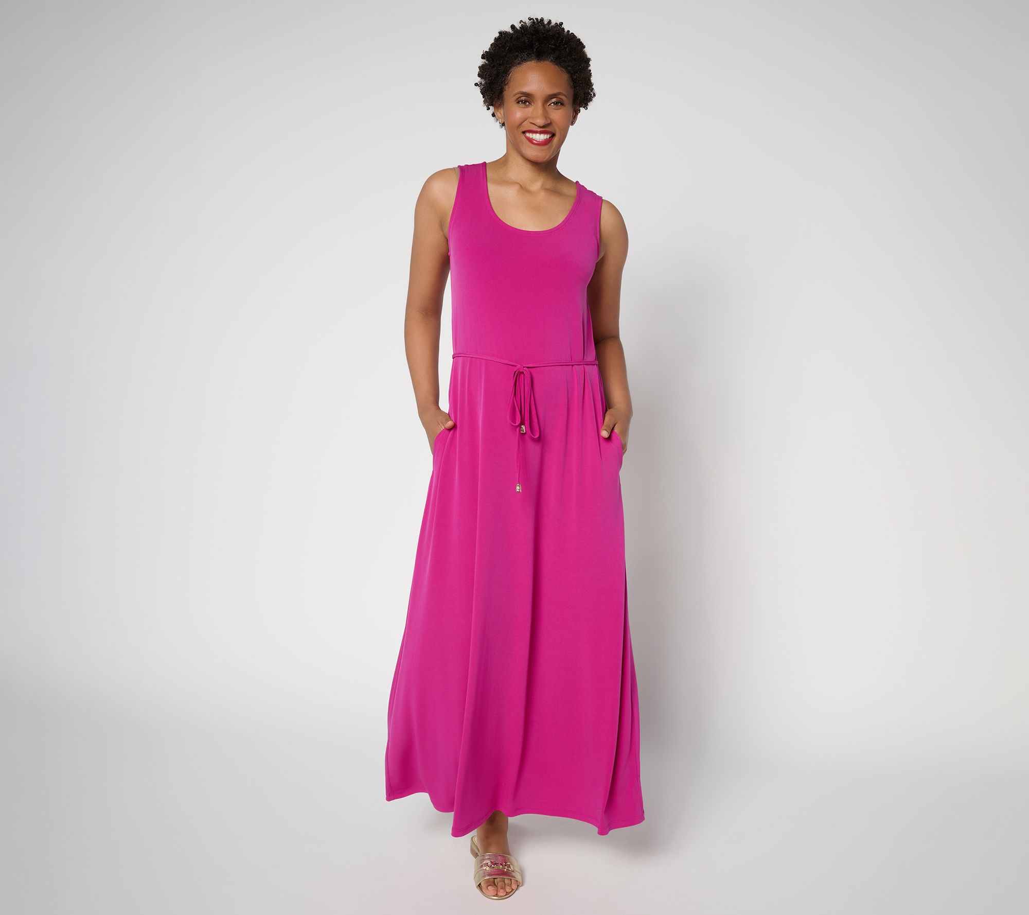 "As Is" Susan Graver Petite Liquid Knit Belted Scoop Neck Maxi Dress