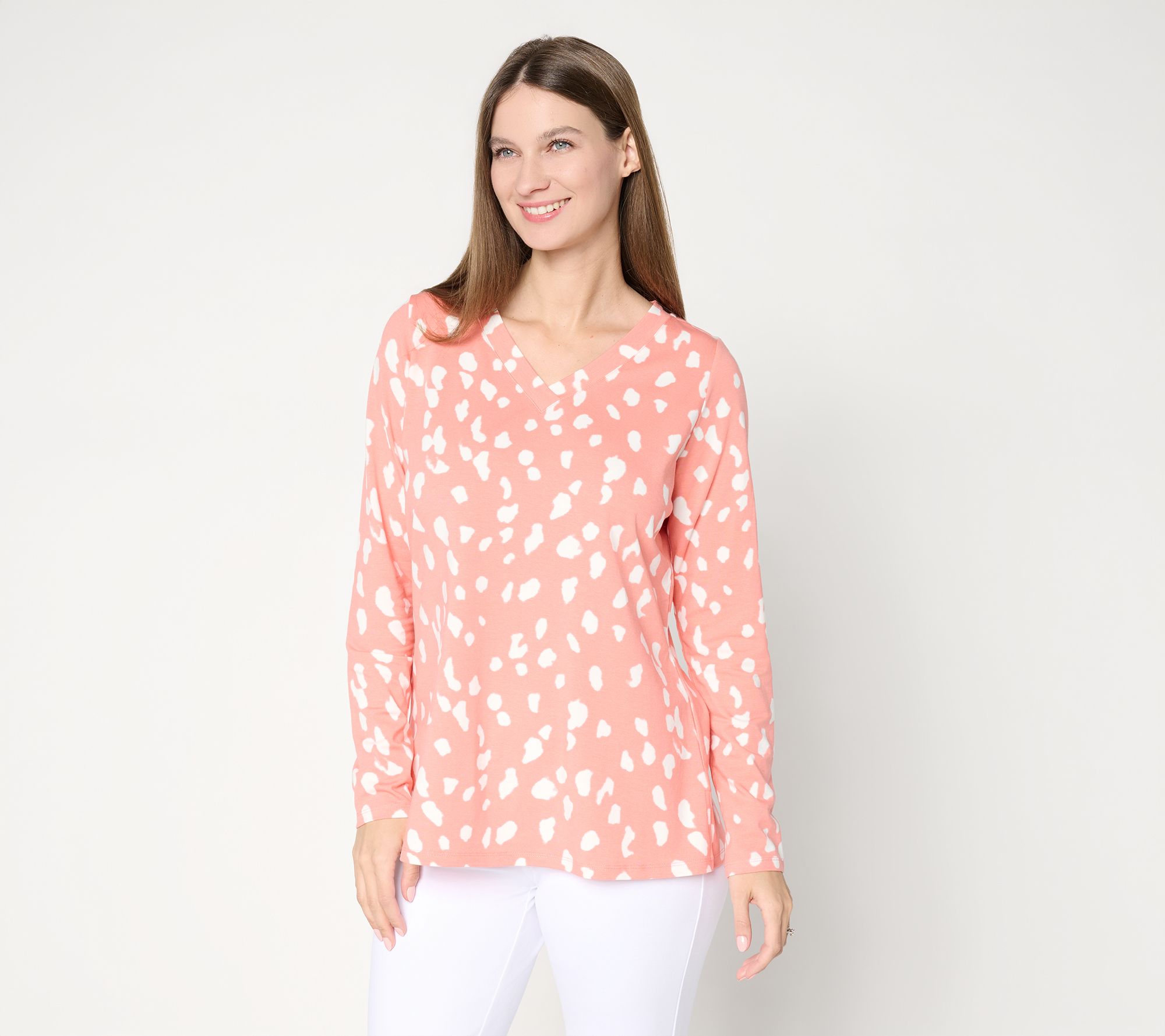 Belle by Kim Gravel TripleLuxe Knit Splatter Dots V-Neck Top