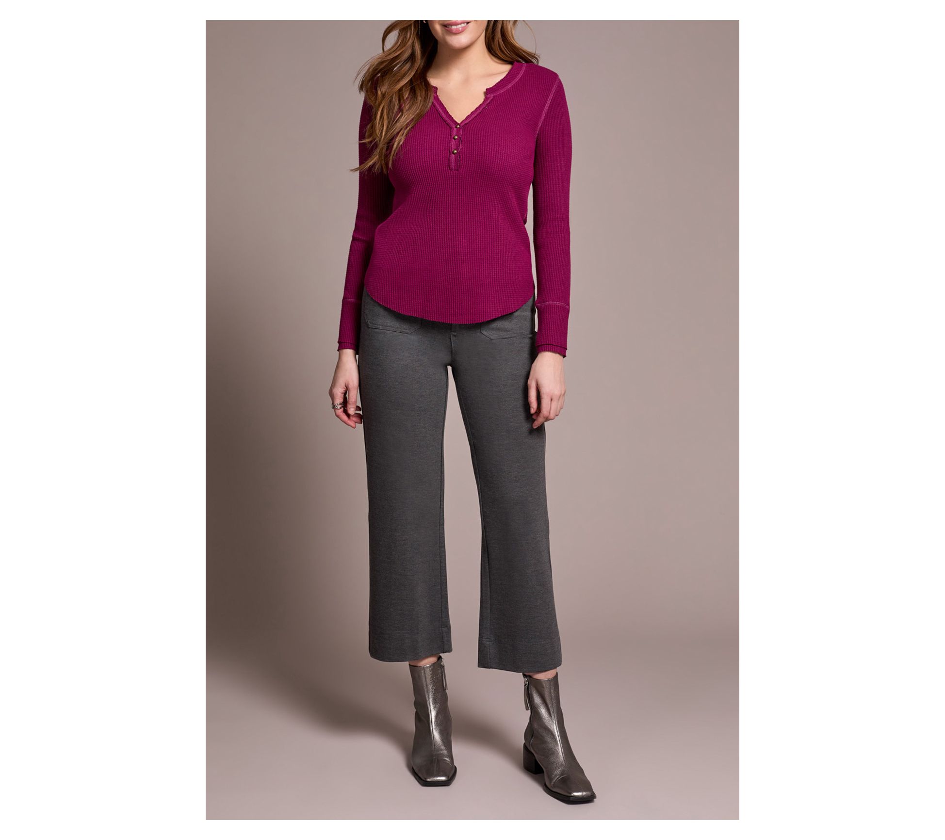 Tribal Brushed Waffle Knit Henley Long Sleeve Top