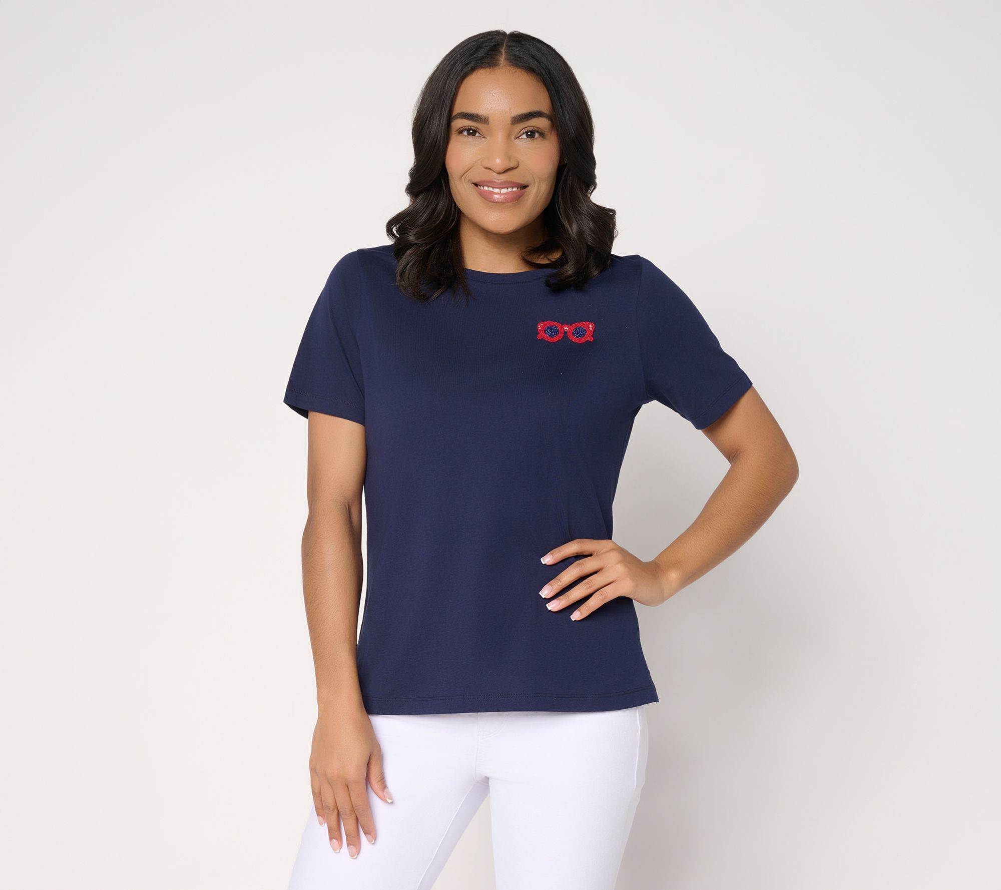 Denim & Co. 100% Cotton Short Sleeve Tee with Embroidery