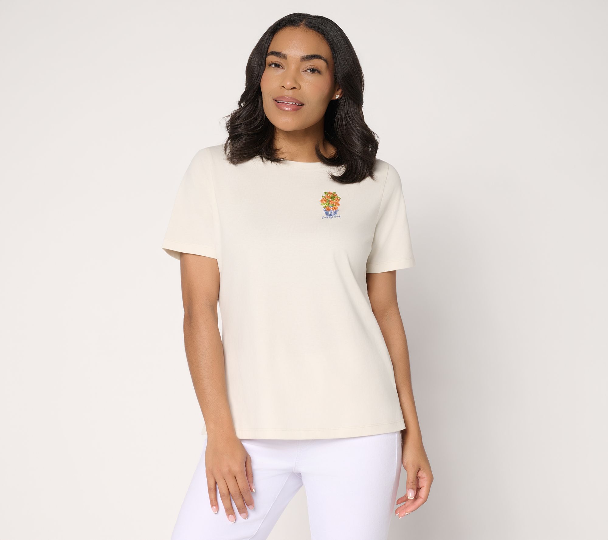 Denim & Co. 100% Cotton Short Sleeve Tee with Embroidery