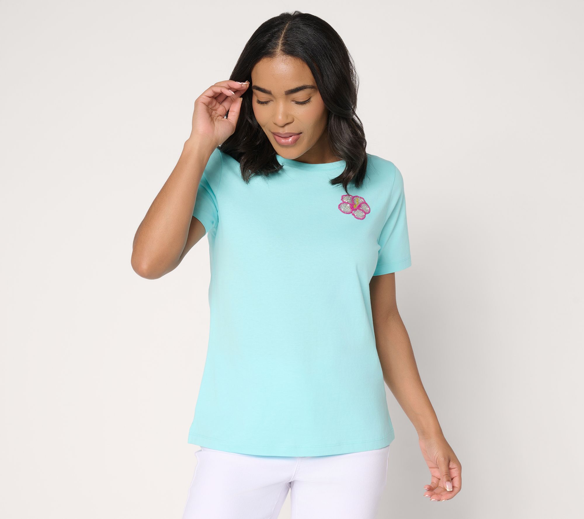 Denim & Co. 100% Cotton Short Sleeve Tee with Embroidery