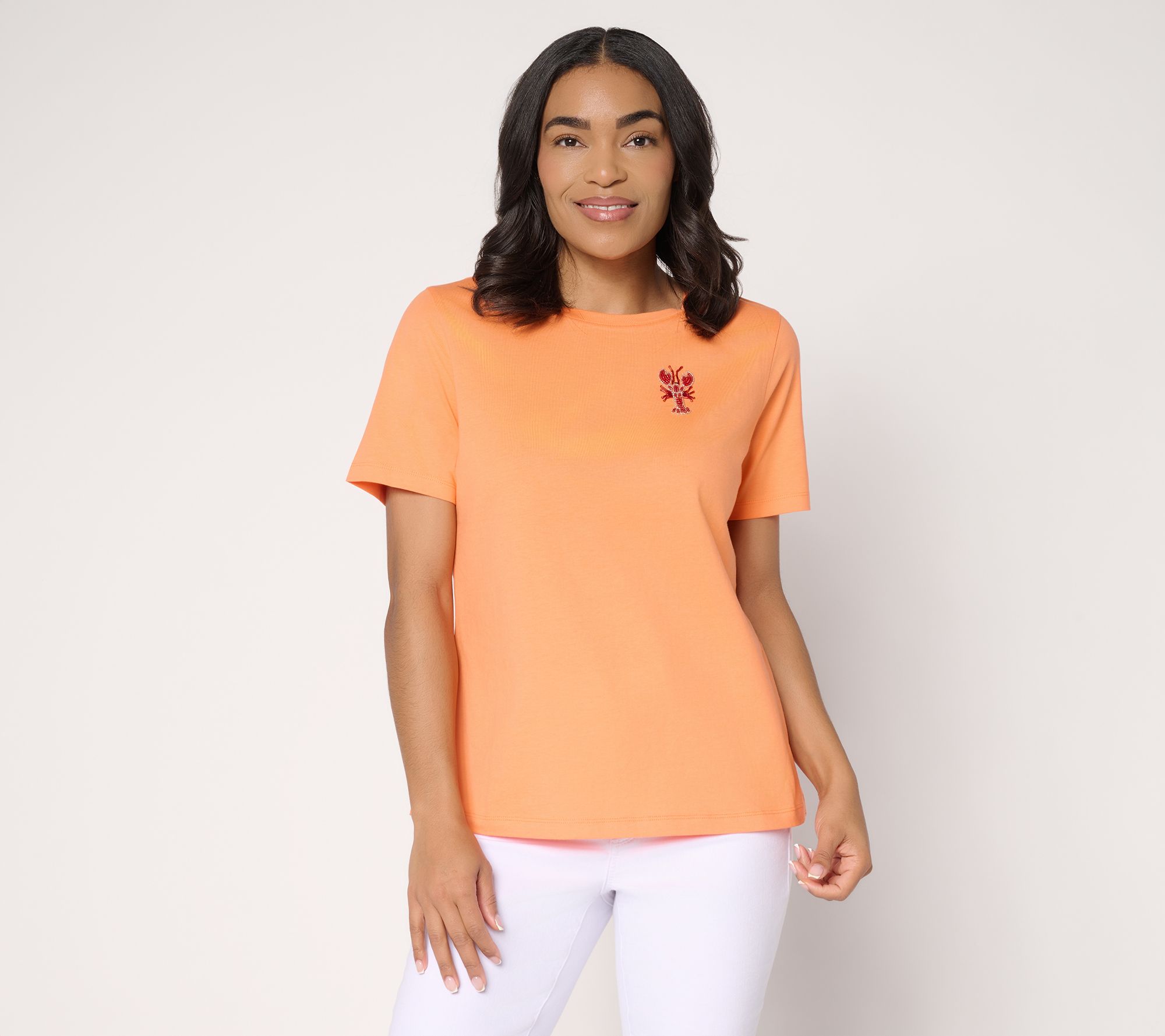 Denim & Co. 100% Cotton Short Sleeve Tee with Embroidery