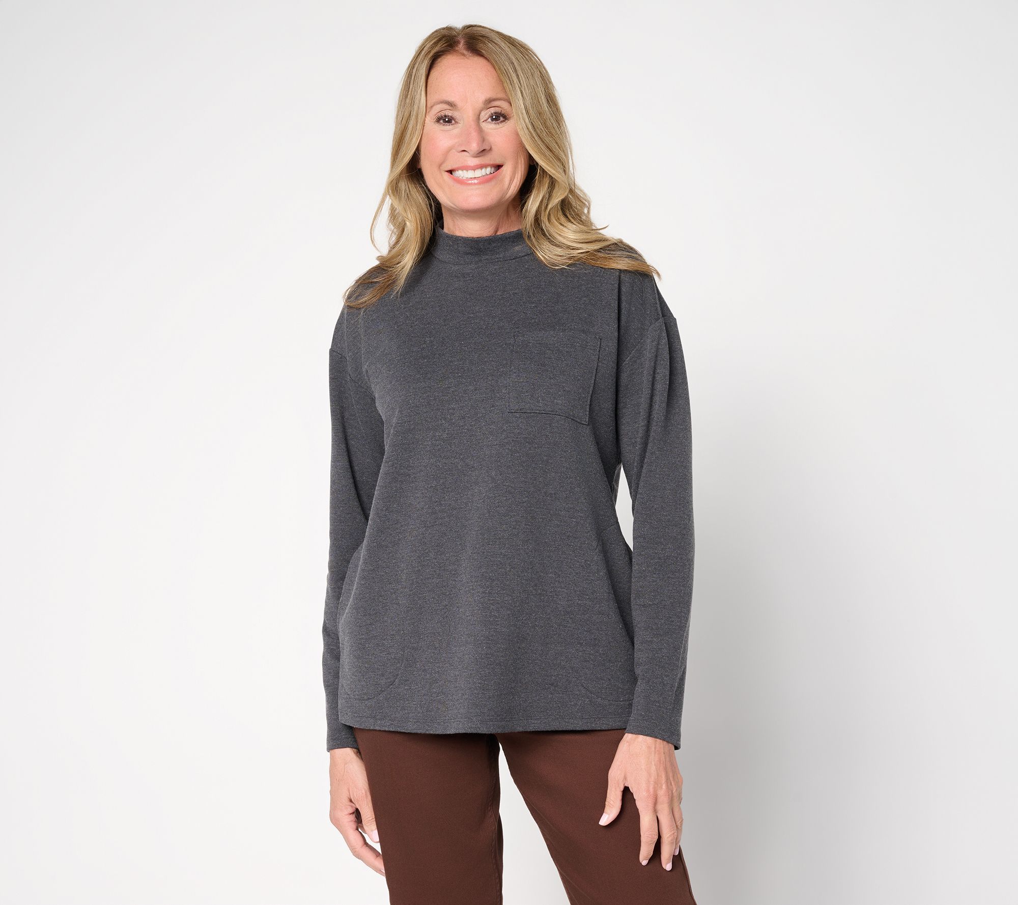 "As Is" LOGO by Lori Goldstein French Terry Mock Neck Top with Pocket