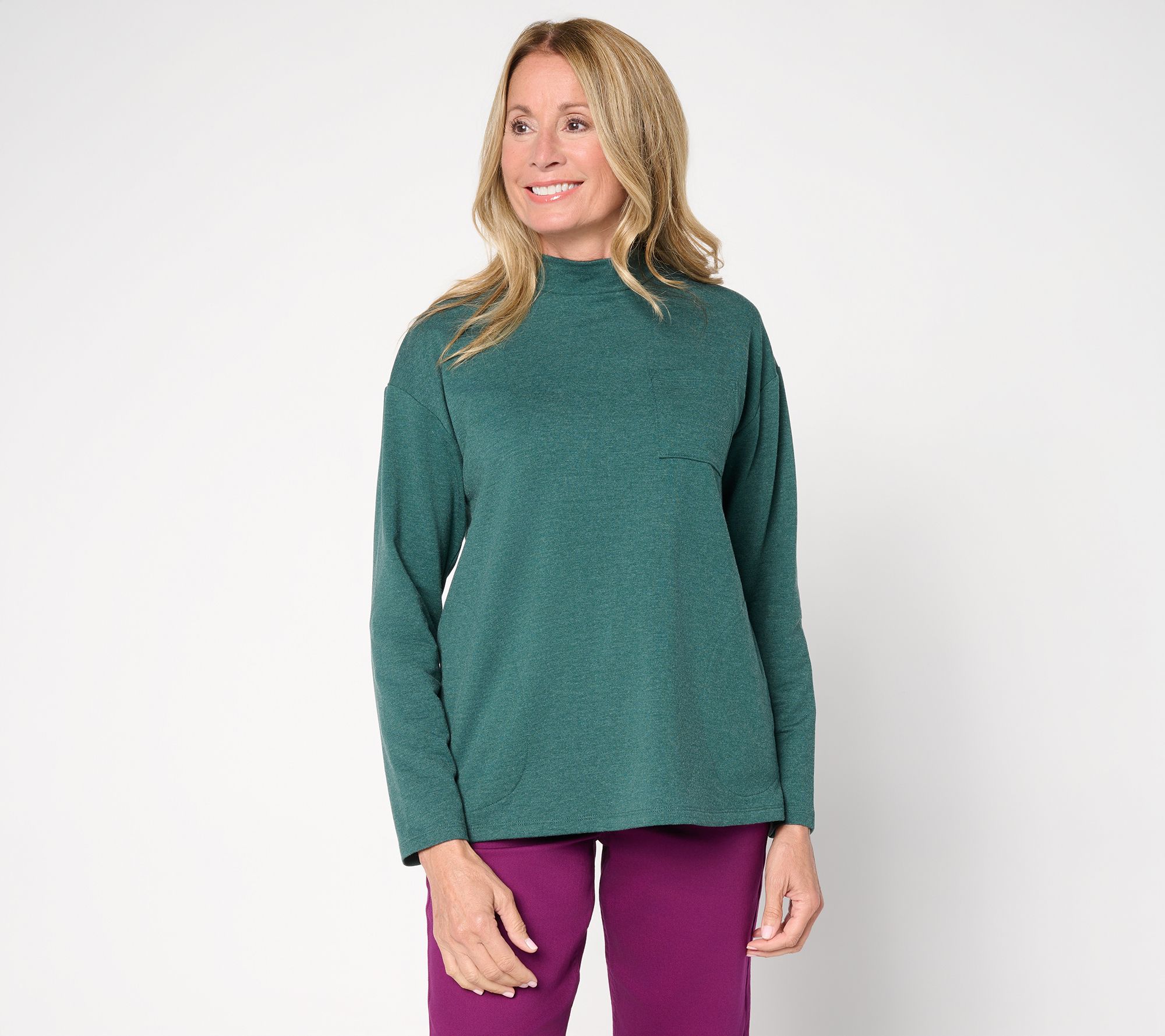 "As Is" LOGO by Lori Goldstein French Terry Mock Neck Top with Pocket