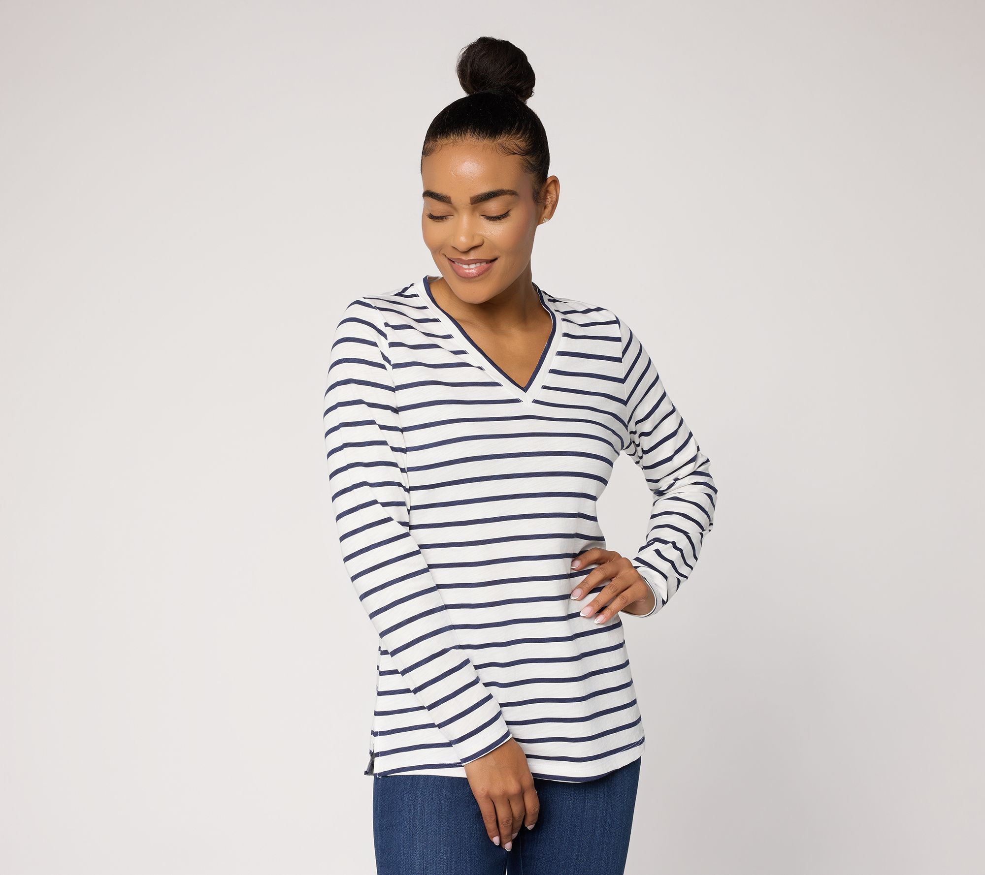 "As Is" Belle by Kim Gravel Slub Knit Stripe V-Neck Top