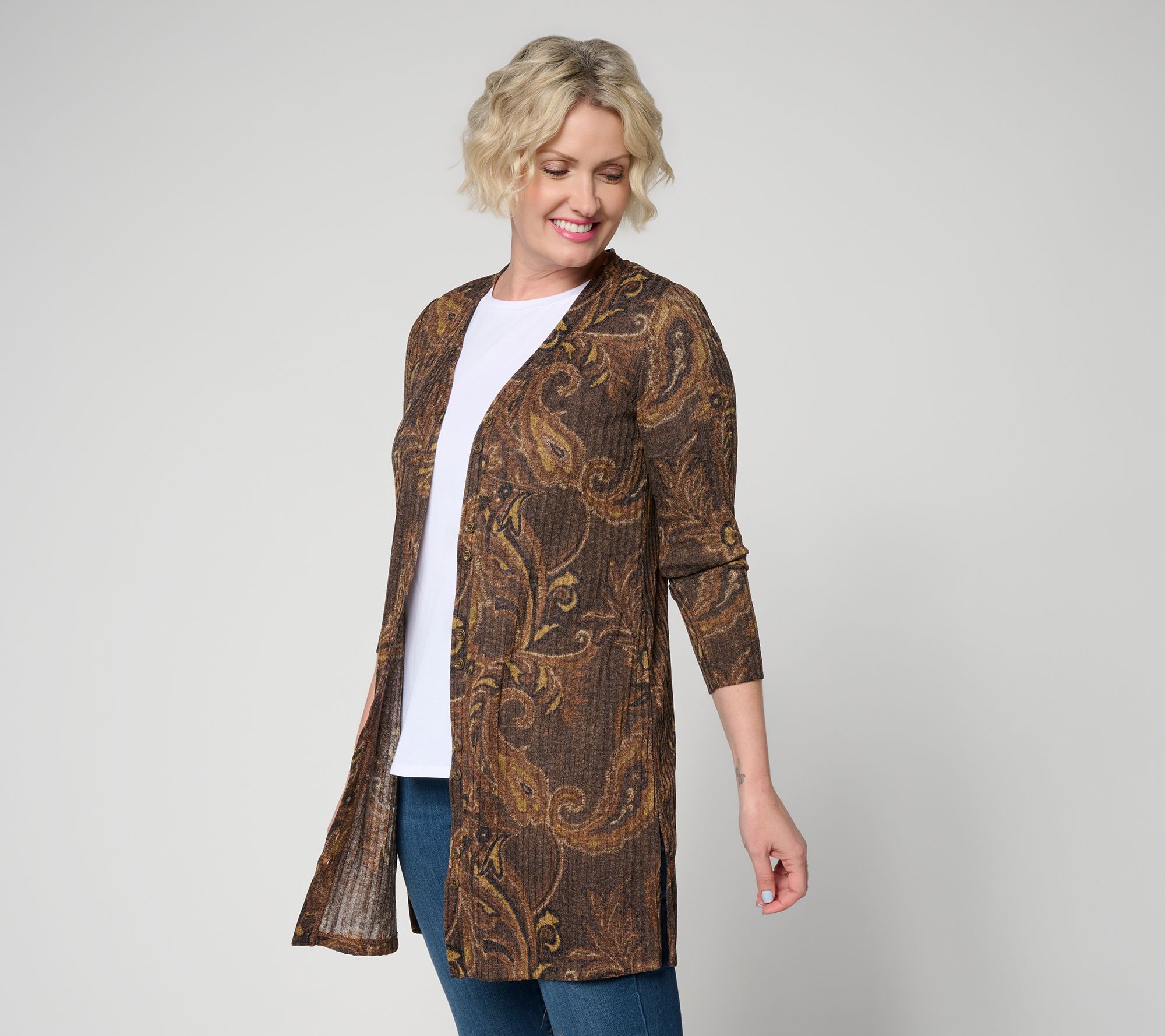 Susan Graver Regular Printed Sweater Button Front Duster