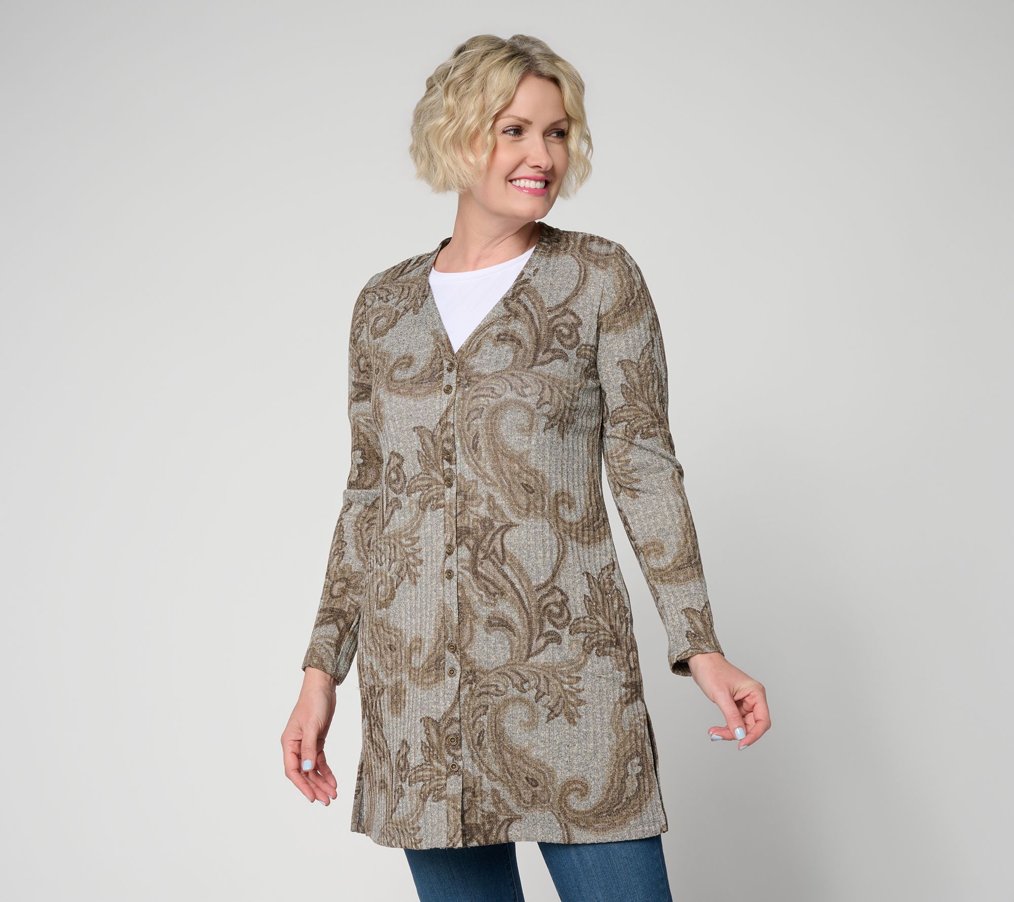 Susan Graver Regular Printed Sweater Button Front Duster