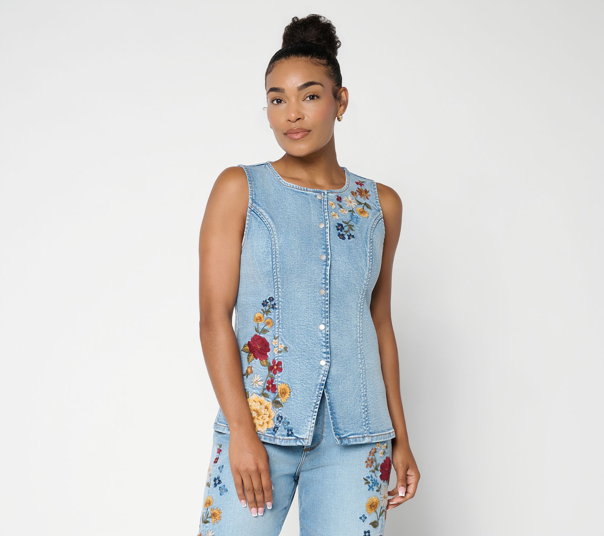 Driftwood Deanna Embroidered Vest - Medium Wash Bloomful
