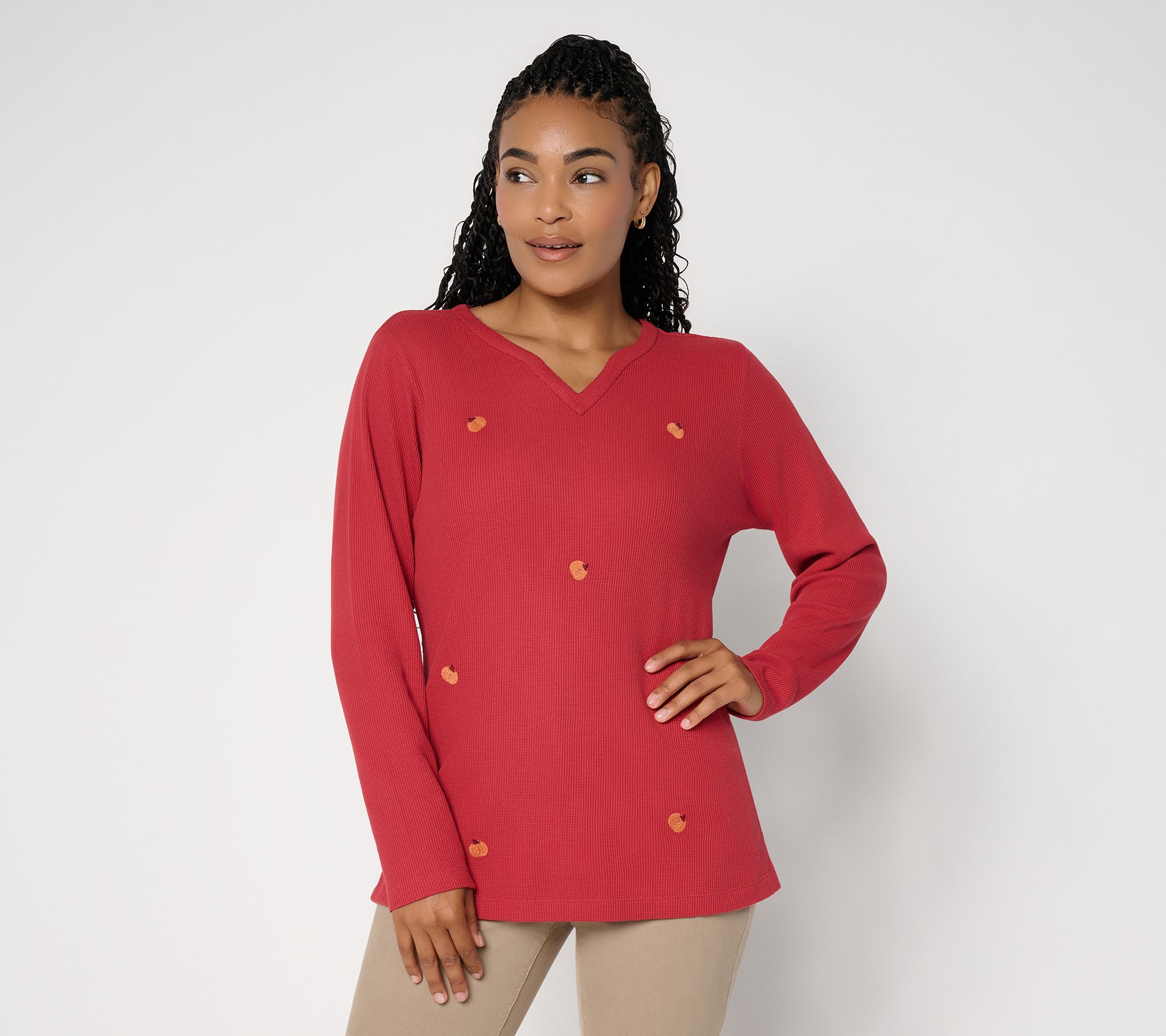  Denim & Co. Embroidered Waffle Knit Split Neck Long Sleeve Top