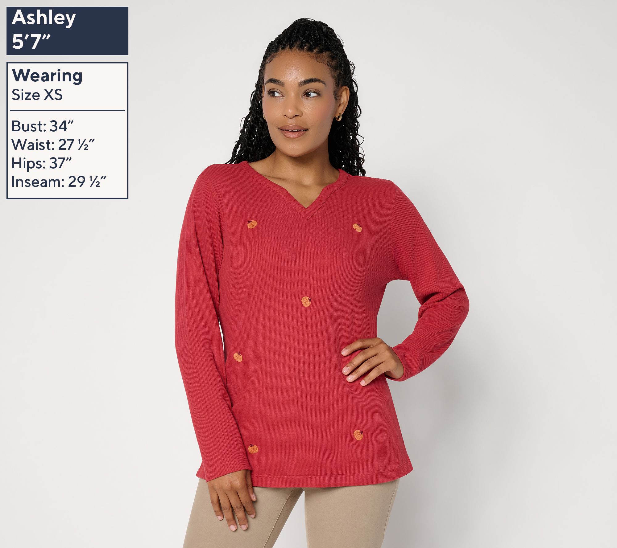 Denim & Co. Embroidered Waffle Knit Split Neck Long Sleeve Top | QVC