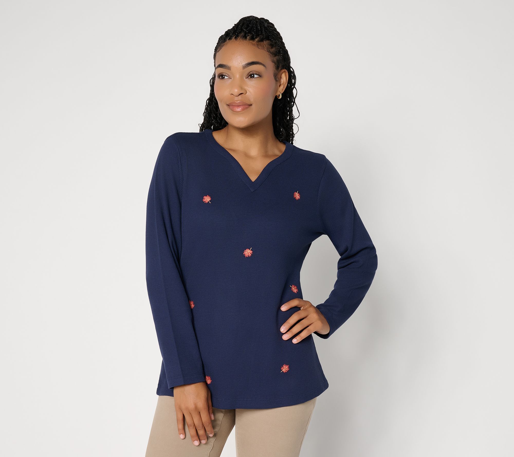 Denim & Co. Embroidered Waffle Knit Split Neck Long Sleeve Top
