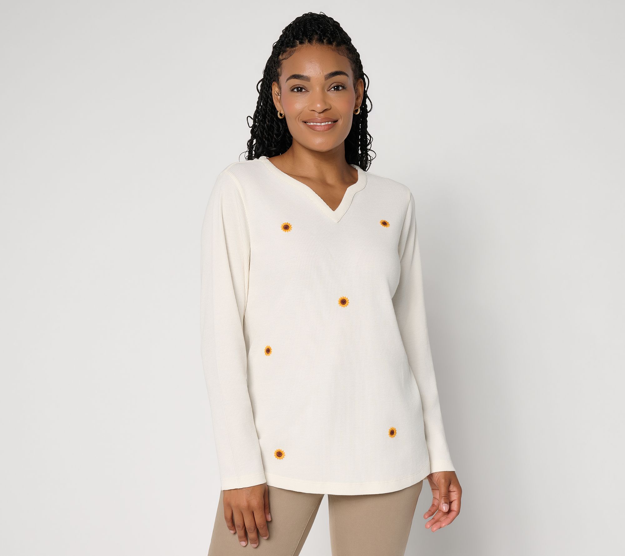 Denim & Co. Embroidered Waffle Knit Split Neck Long Sleeve Top | QVC