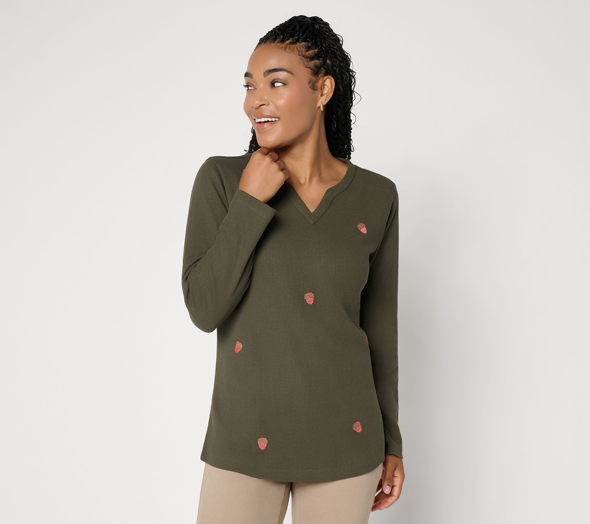 Denim & Co. Embroidered Waffle Knit Split Neck Long Sleeve Top