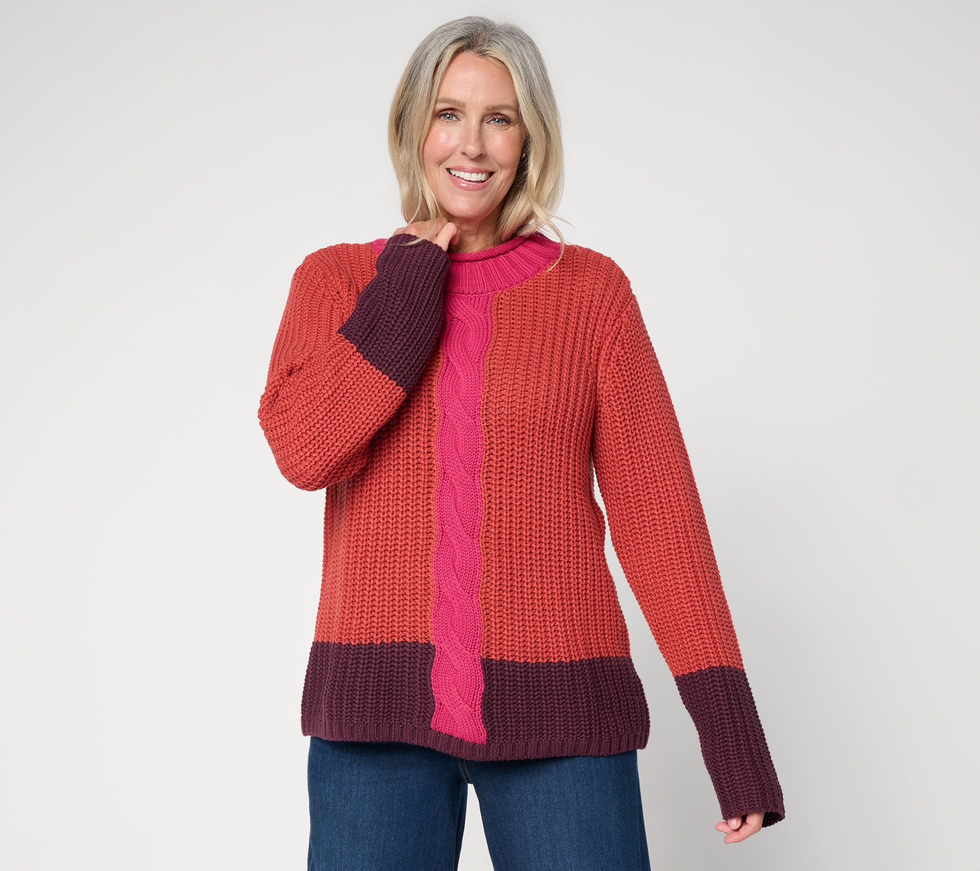 LOGO by Lori Goldstein Color Block Cable Detail Sweater