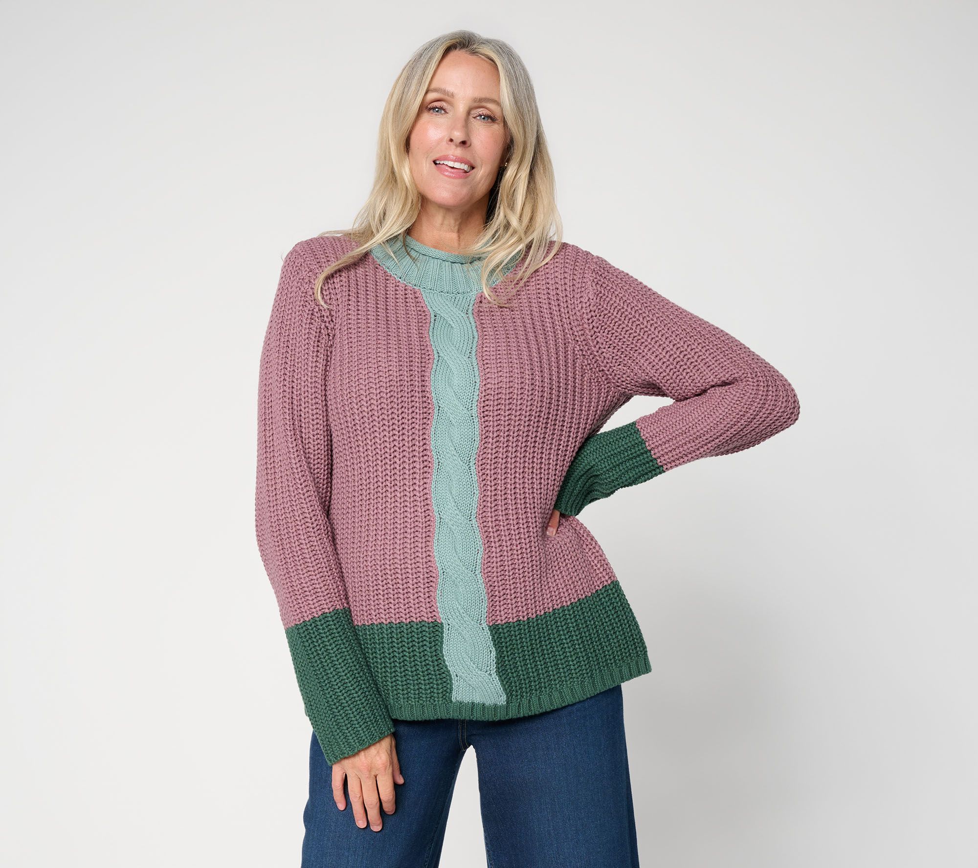 LOGO by Lori Goldstein Color Block Cable Detail Sweater