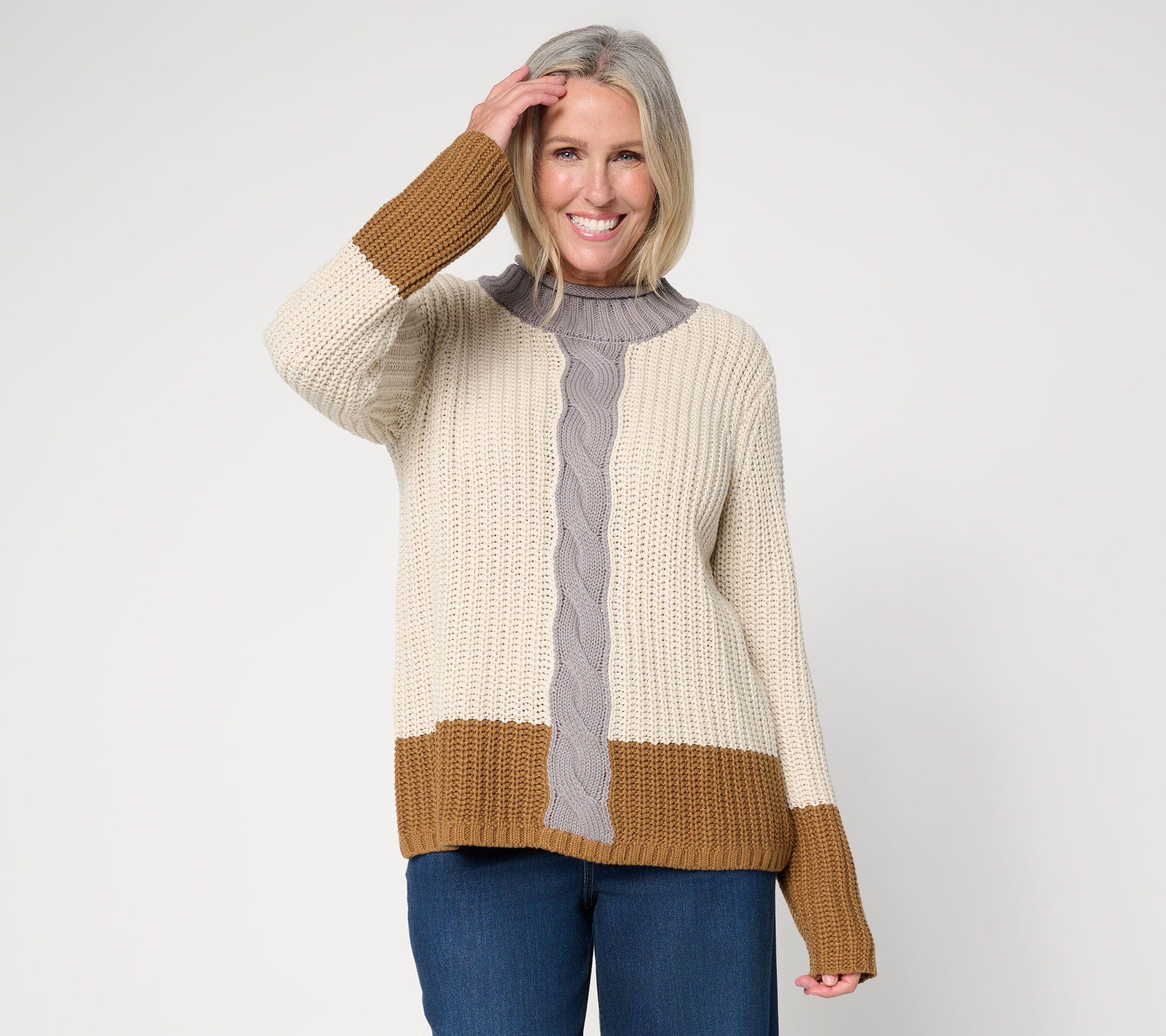 LOGO by Lori Goldstein Color Block Cable Detail Sweater