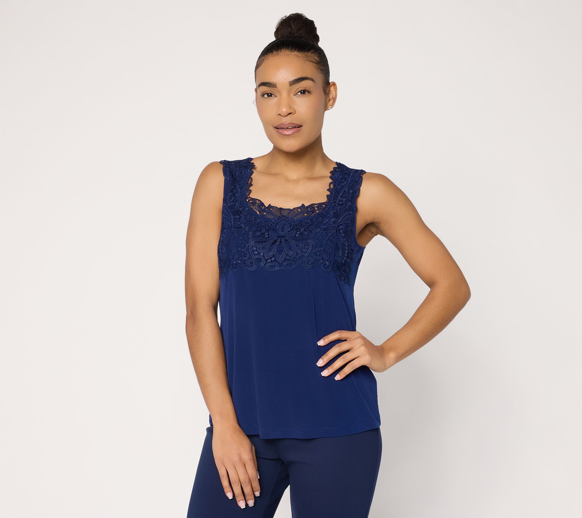 "As Is" Susan Graver Liquid Knit Sleeveless Top with Lace Detail
