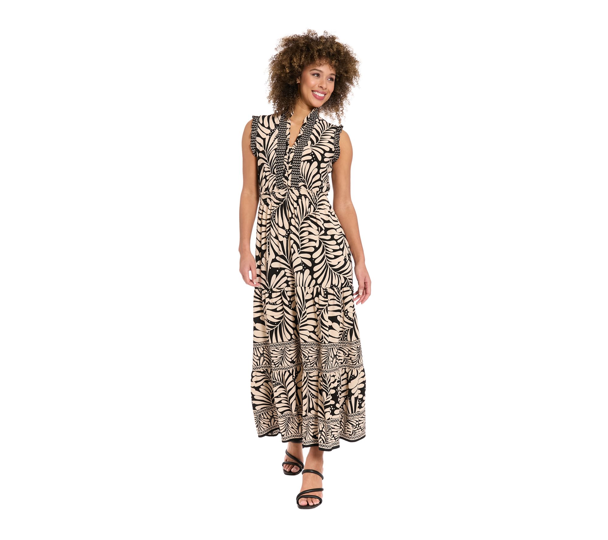 London Times Ruffle Neck and Smocked Waist Tiered Maxi Dress