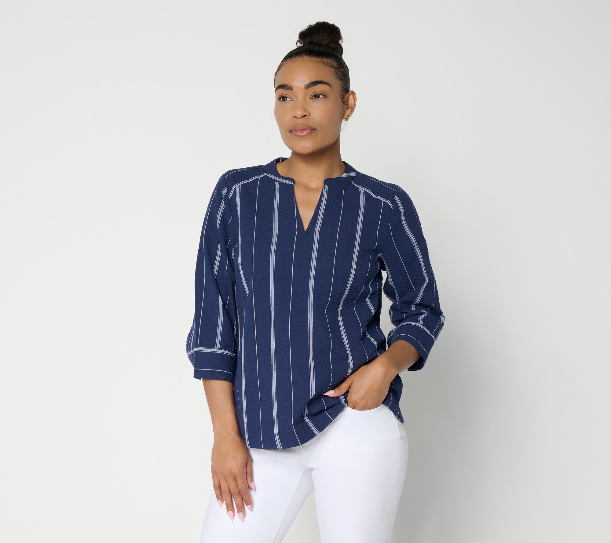 "As Is" Joan Rivers Split Neck Varigated Seersucker Popover
