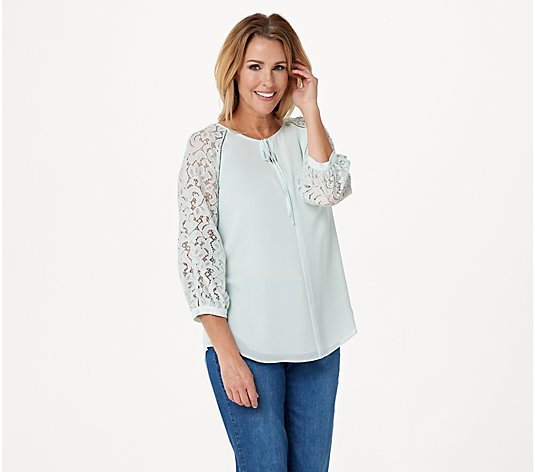Haute Hippie Tribe Woven Chiffon Top with Lace Sleeves