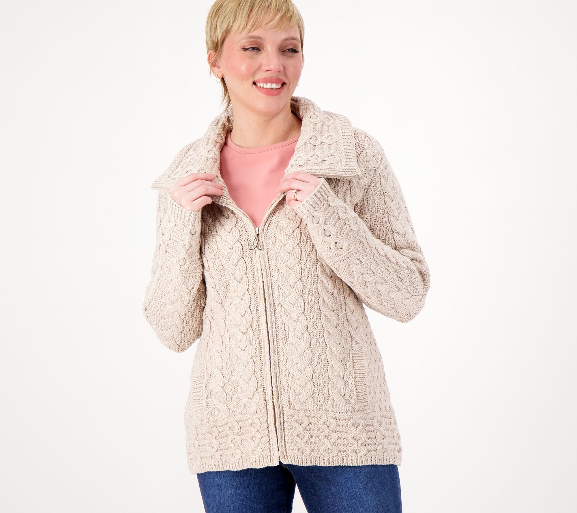 Aran Crafts Merino Wool Zip-Front Cardigan with Pockets