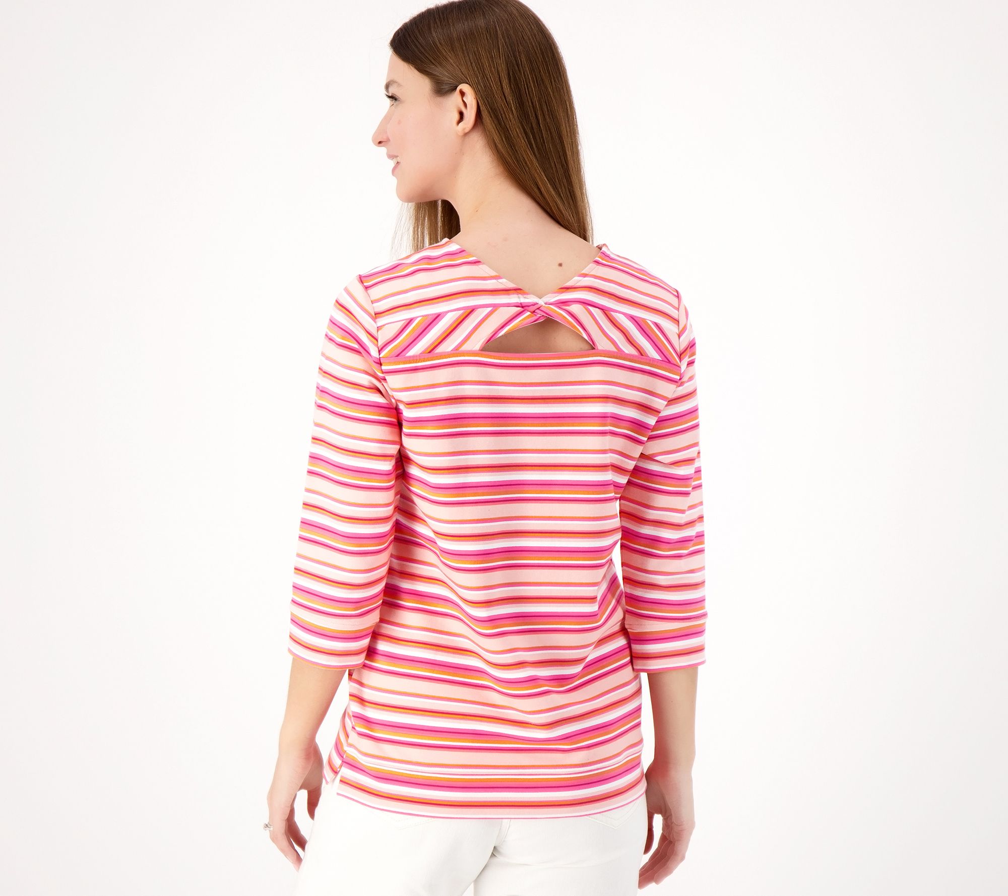 Denim & Co. Active Striped French Terry 3/4 Sleeve Top w/Back Detail