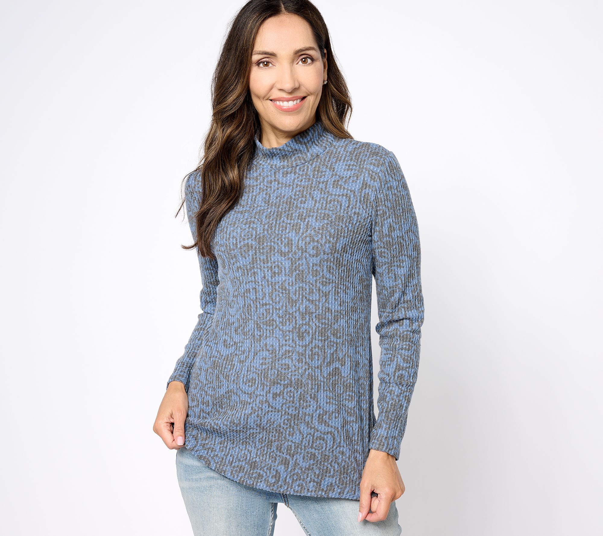 Susan Graver Weekend Printed Brushed Waffle Knit Mock-Neck Long-Sleeve Top