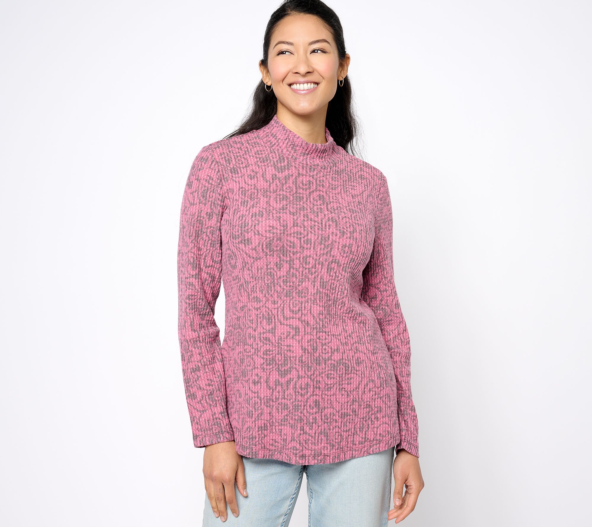 Susan Graver Weekend Printed Brushed Waffle Knit Mock-Neck Long-Sleeve Top