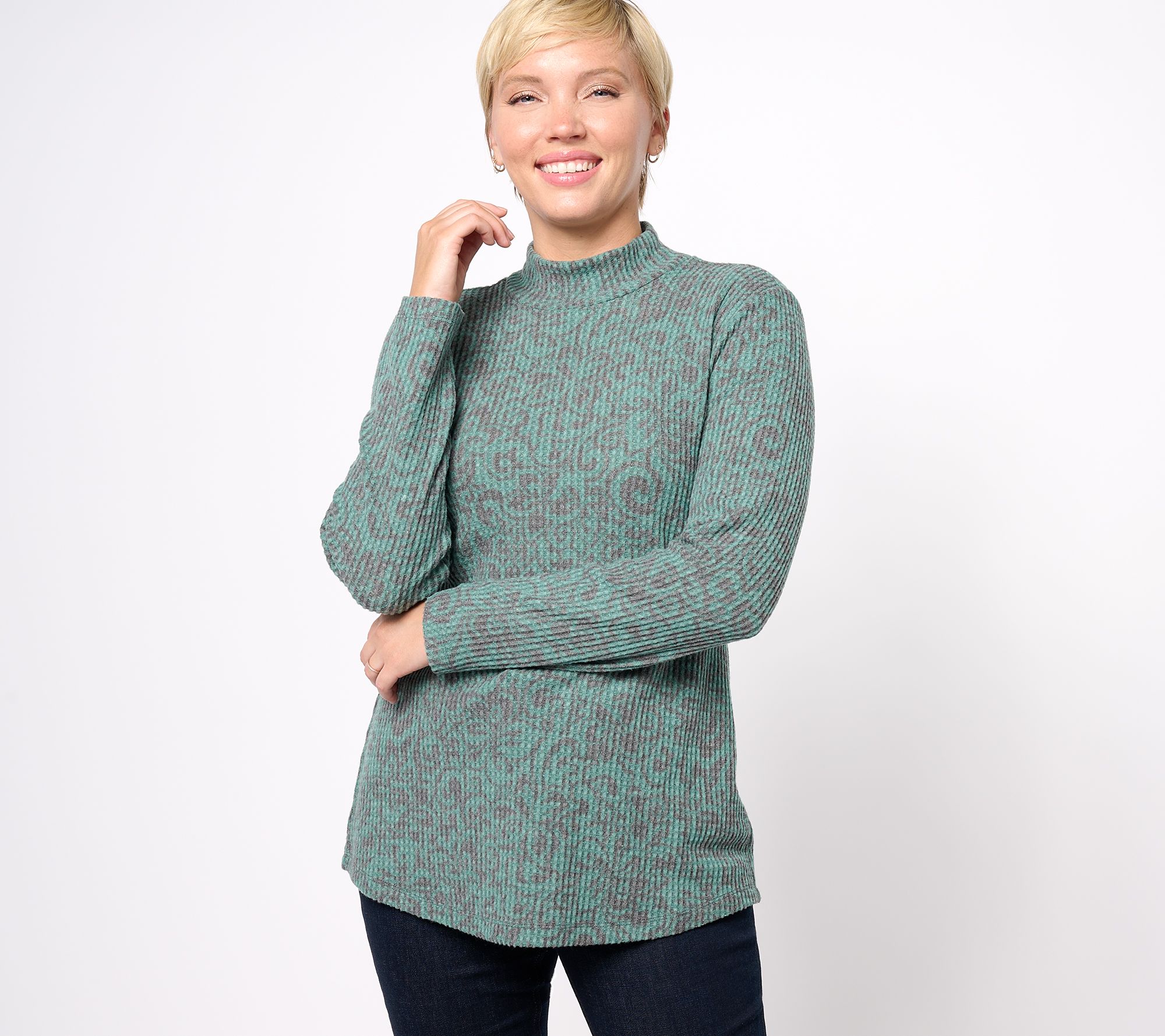 Susan Graver Weekend Printed Brushed Waffle Knit Mock-Neck Long-Sleeve Top