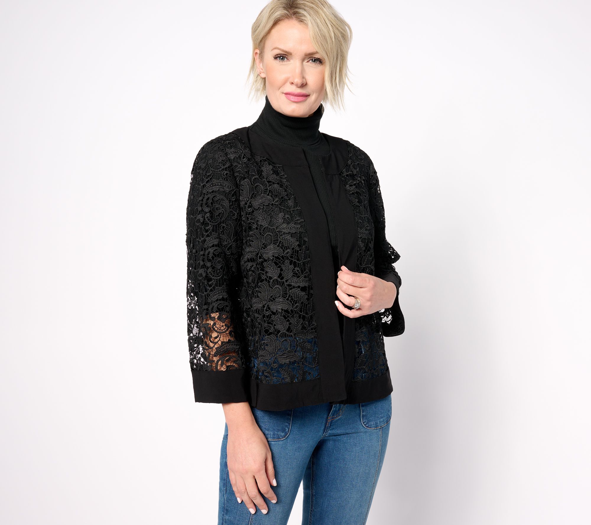 Dennis Basso Open Front Lace Topper with Combo Trim