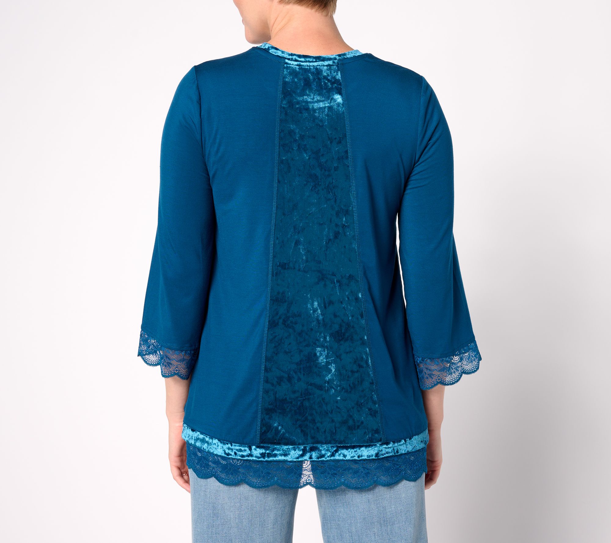 LOGO Lavish by Lori Goldstein Crushed Velvet and Lace 3/4 Sleeve Top ...