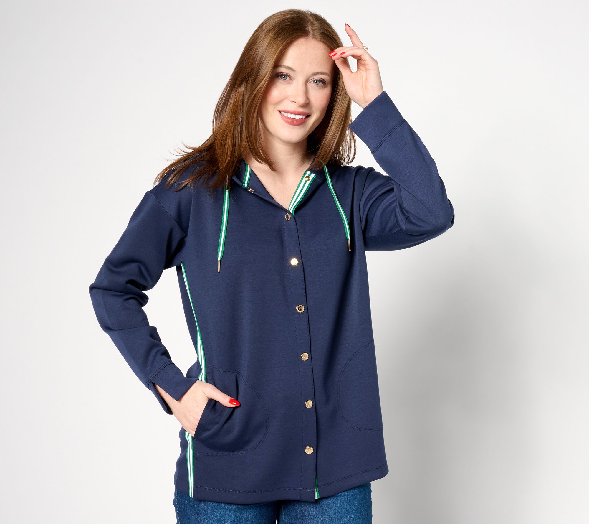 Isaac Mizrahi Live! Petite Clubhouse Scuba Knit Snap Front Tunic w/ Hood