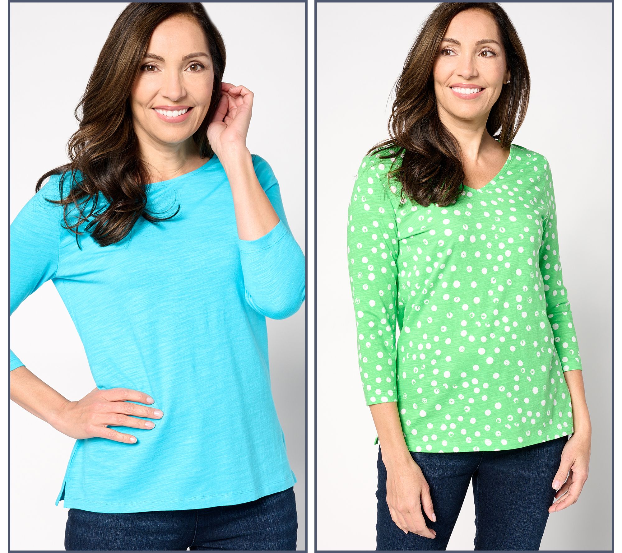 Belle by Kim Gravel Slub Knit Set of 2 Dot and Solid Tops