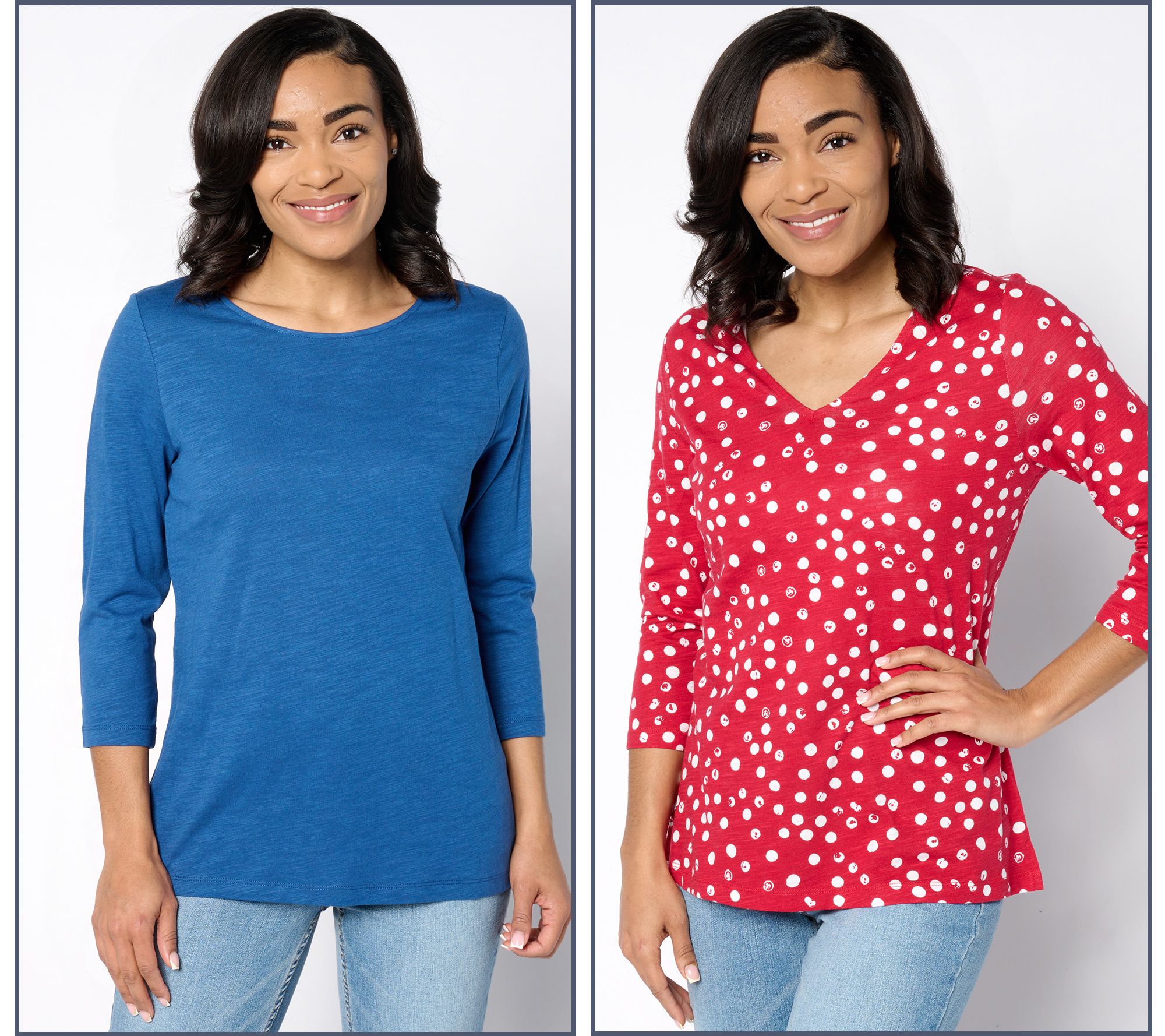 Belle by Kim Gravel Slub Knit Set of 2 Dot and Solid Tops