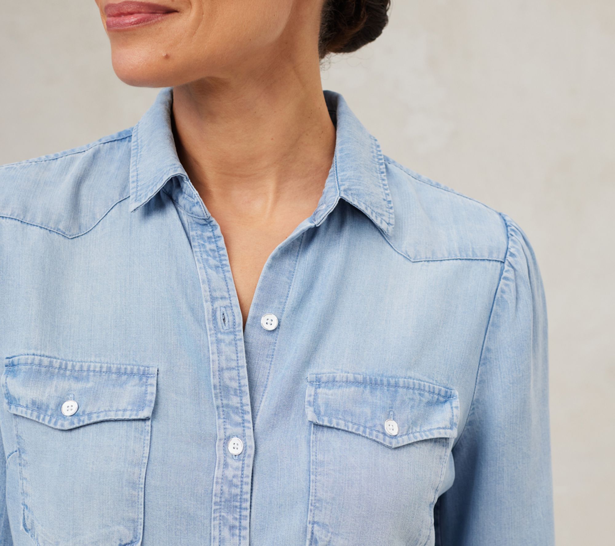 Side Stitch Flap Pocket Button-Front Top - Light Mist - QVC.com