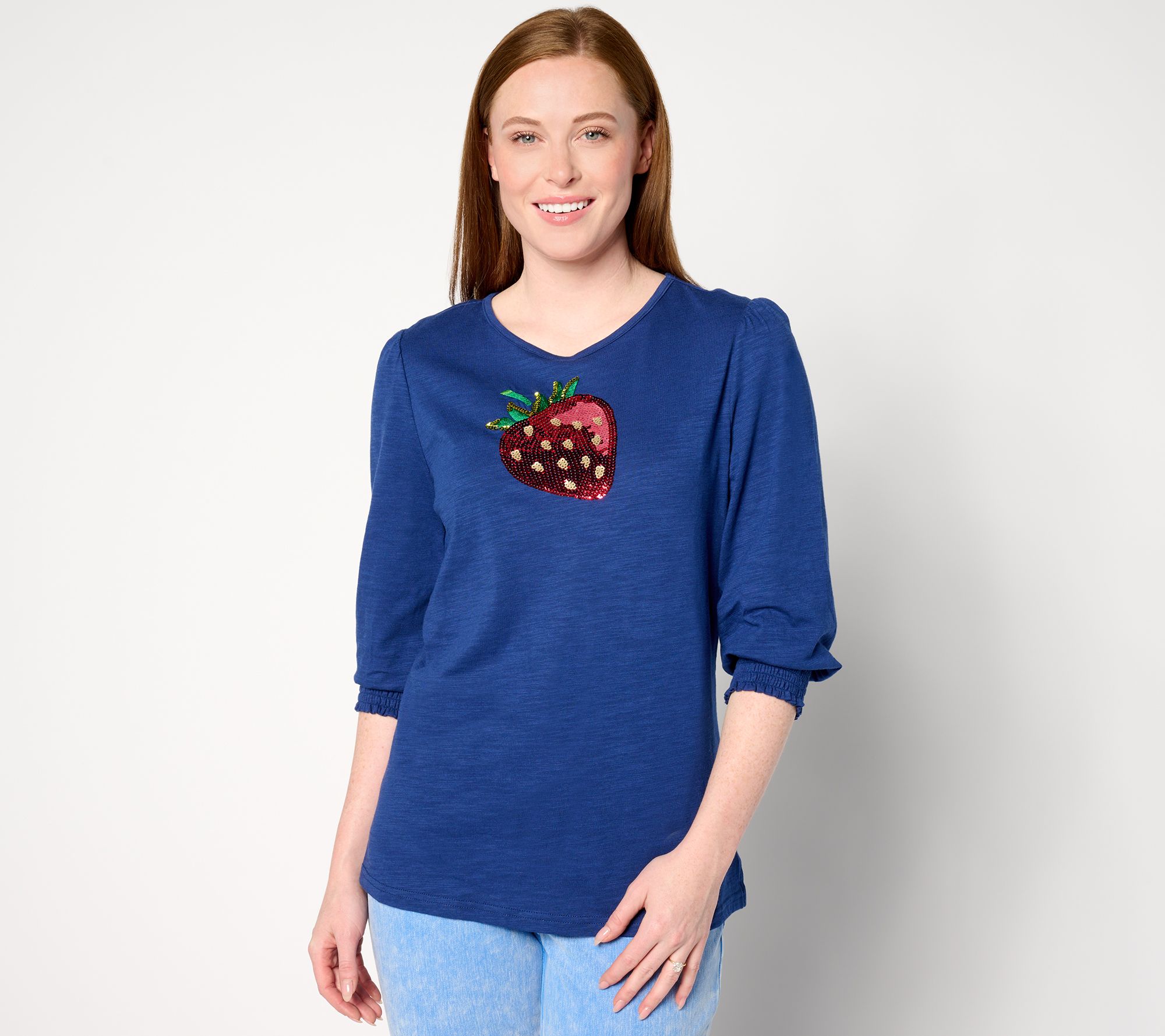 Quacker Factory Sweet Summer Sequin Top with Smocked Sleeves