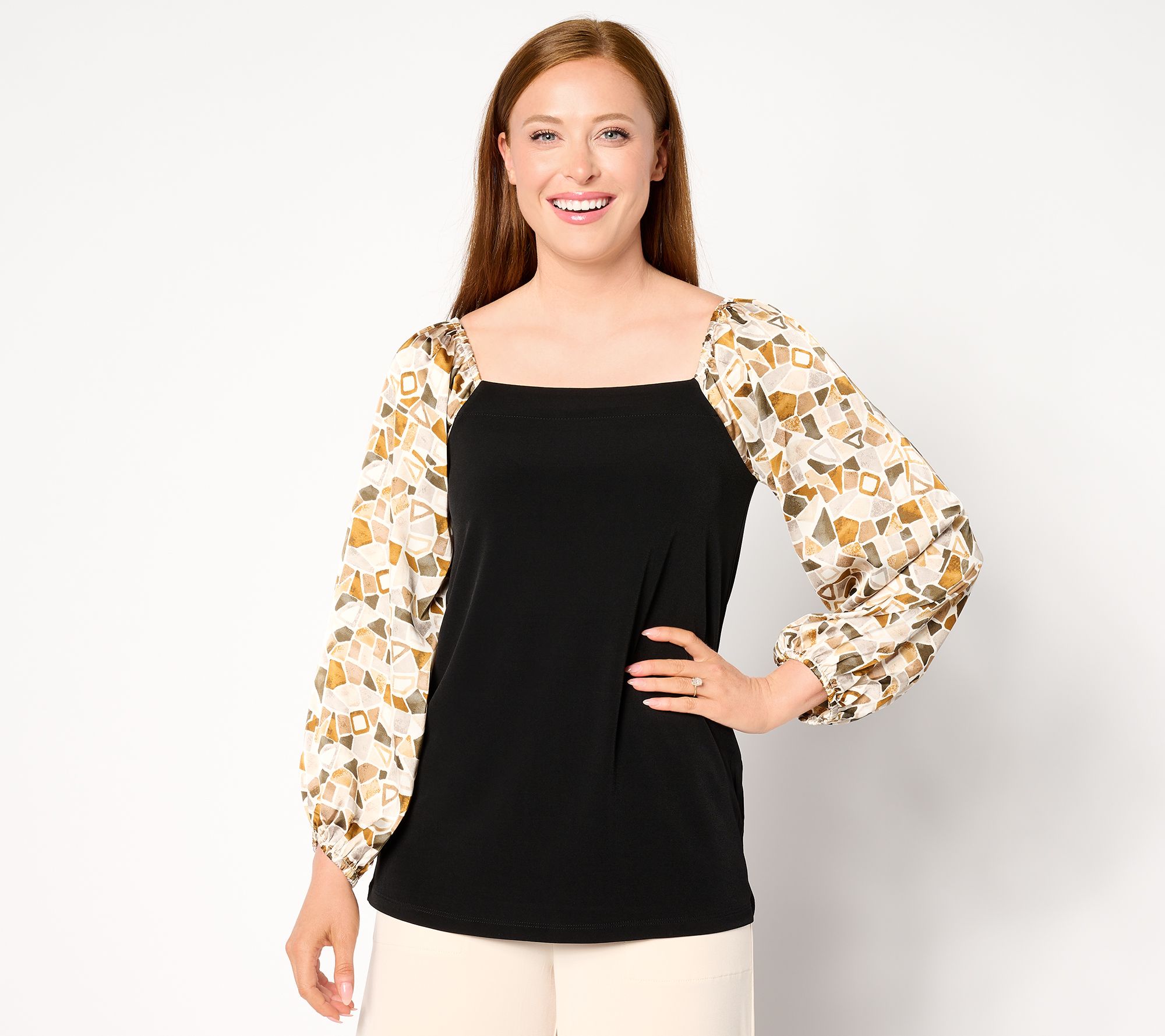 Susan Graver Liquid Knit Square-Neck A-Line Top with Printed Sleeves