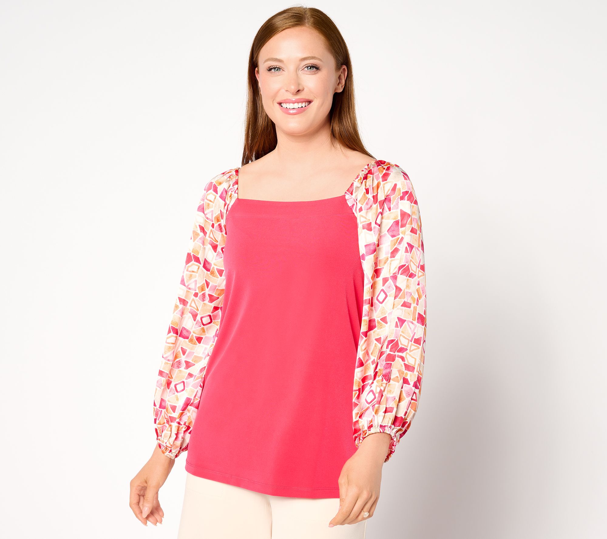 Susan Graver Liquid Knit Square-Neck A-Line Top with Printed Sleeves